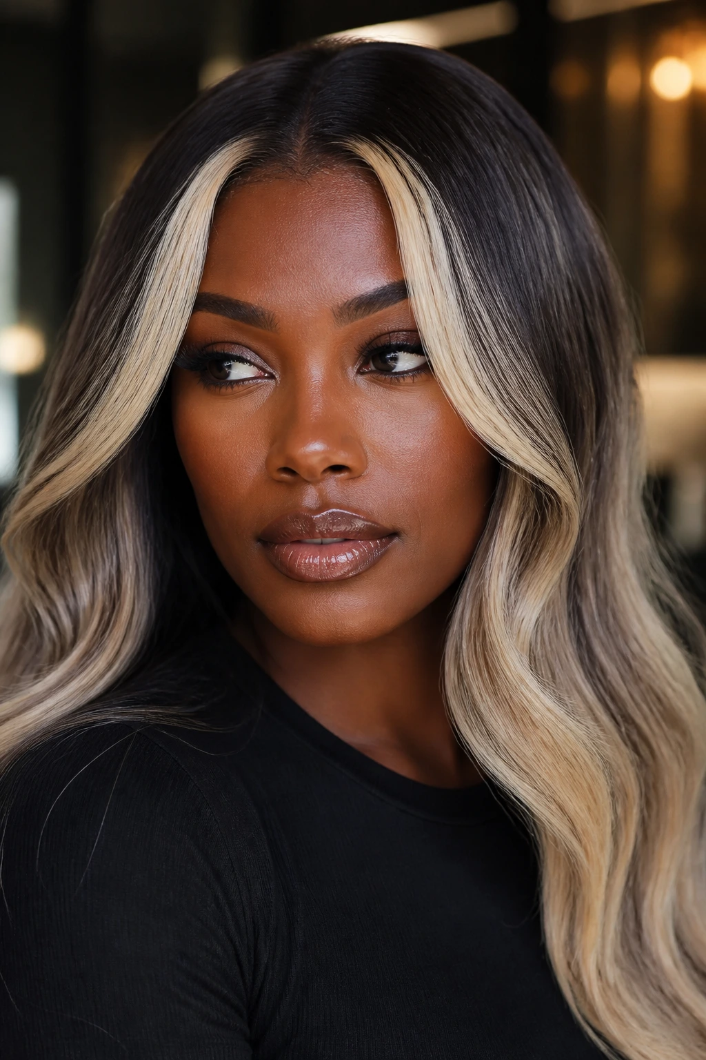 Close-up of deep skin model with platinum front pieces and a soft shadow root