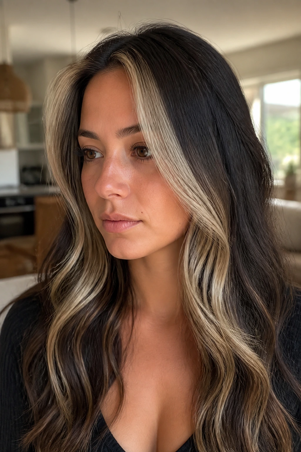 Portrait of a woman with face-framing platinum panels against brunette base.