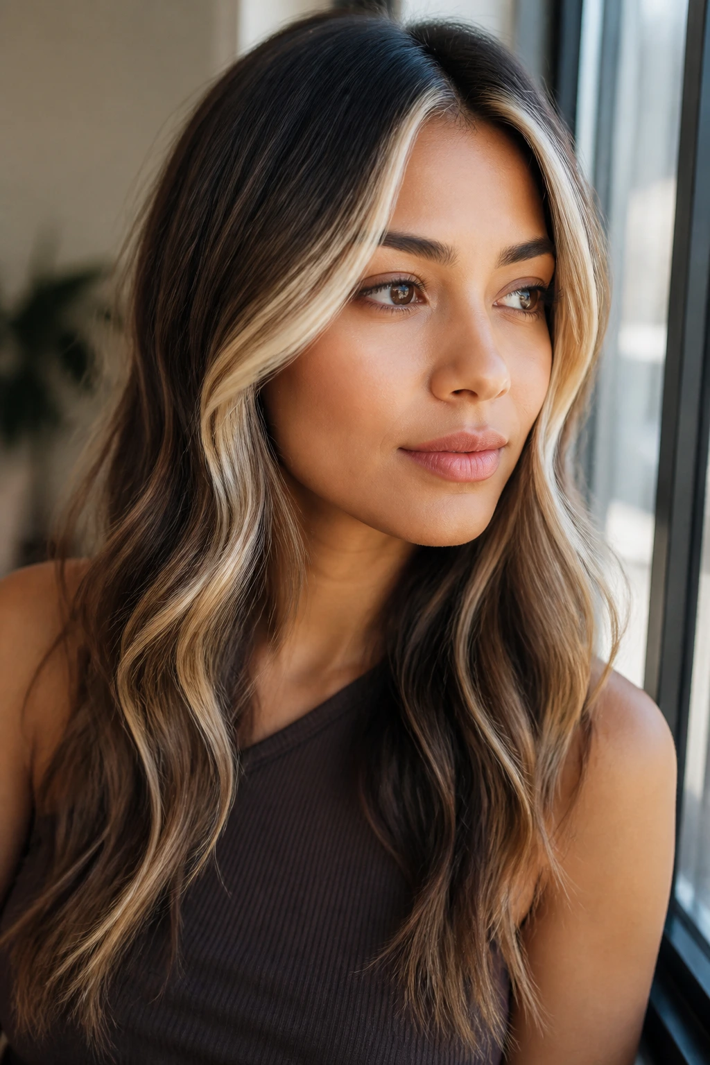 Close-up of a real woman with platinum money pieces at the front of layered hair
