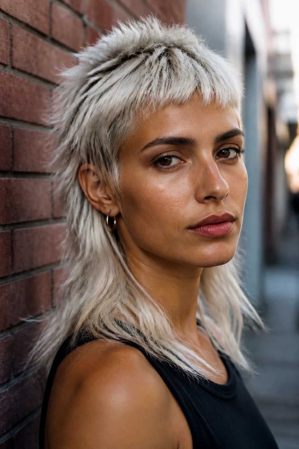 Close-up portrait of a real person with platinum mullet on olive skin in urban daylight