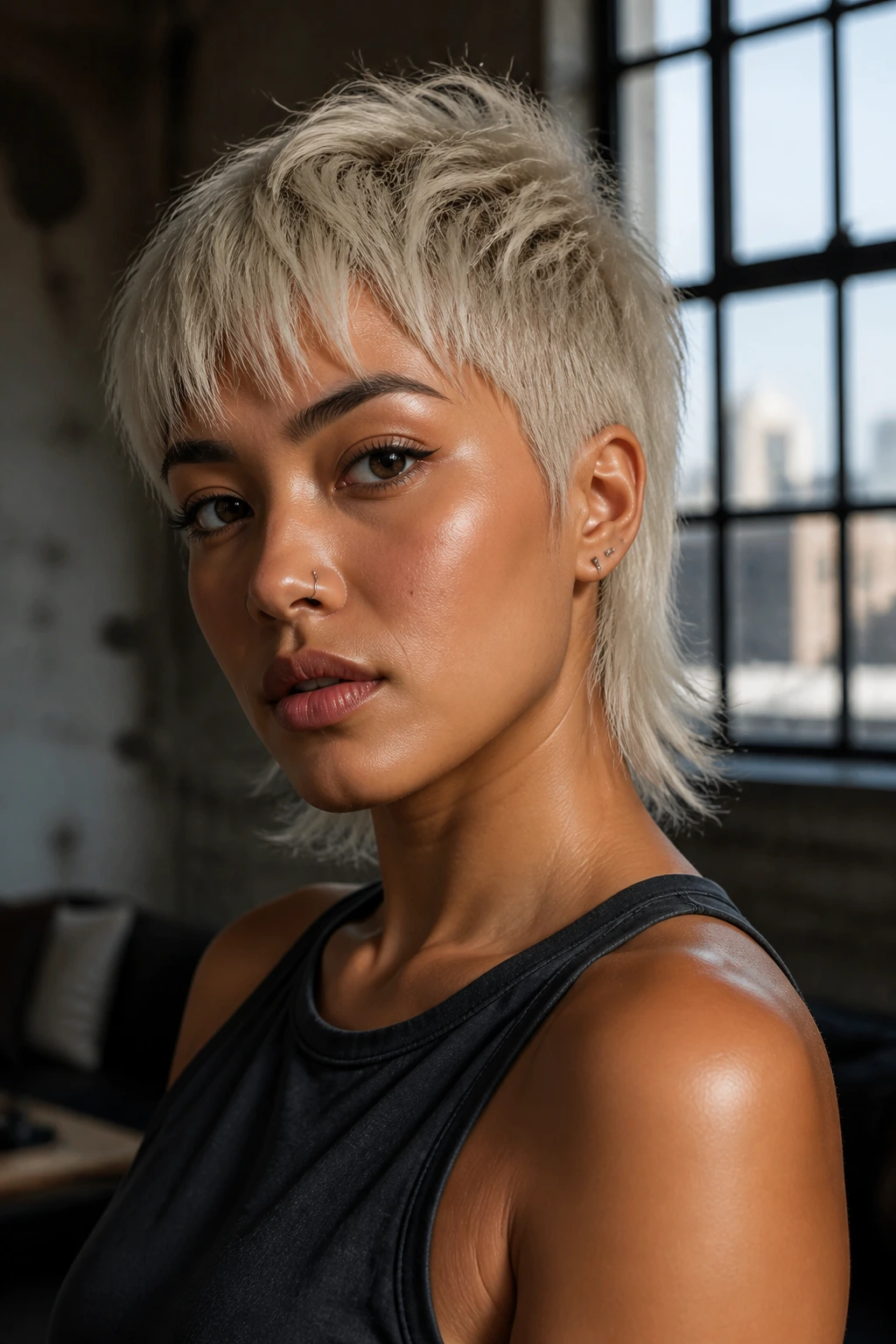 Close-up portrait of a real person with platinum mullet and tapered nape