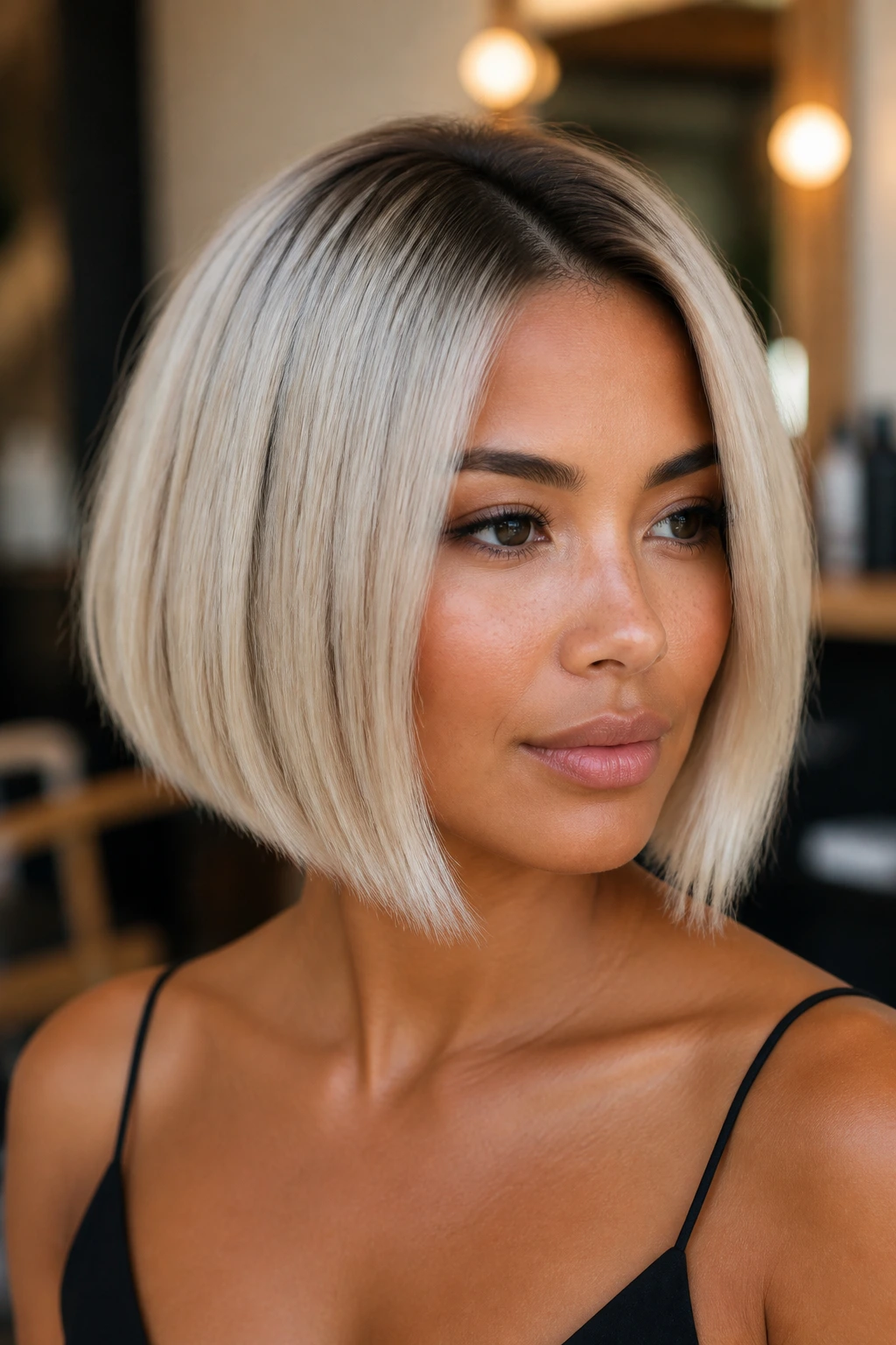 Close-up portrait of a real woman with platinum-neutral bob and shadow roots