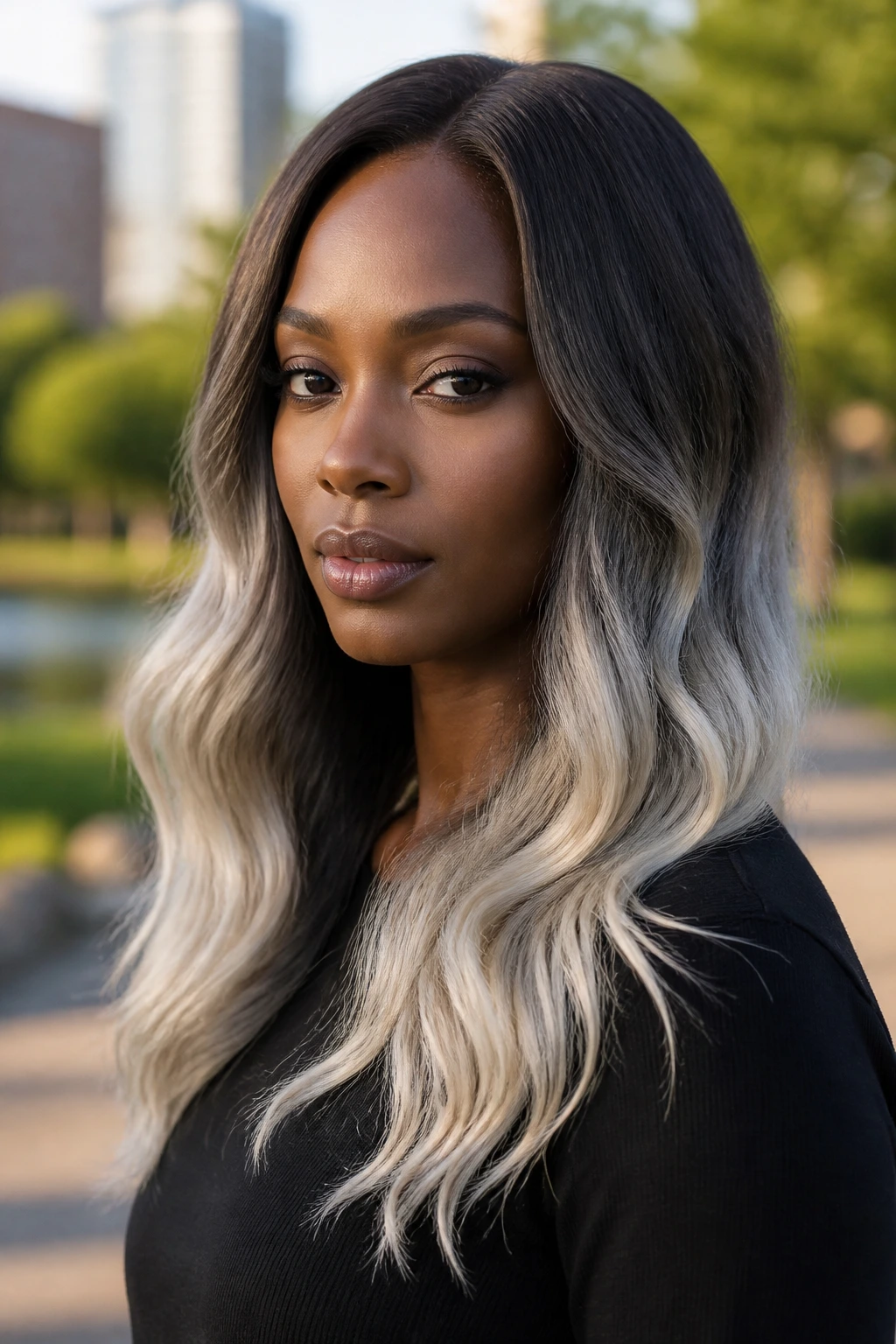 Close-up of a real person with platinum ombré ends and dark roots