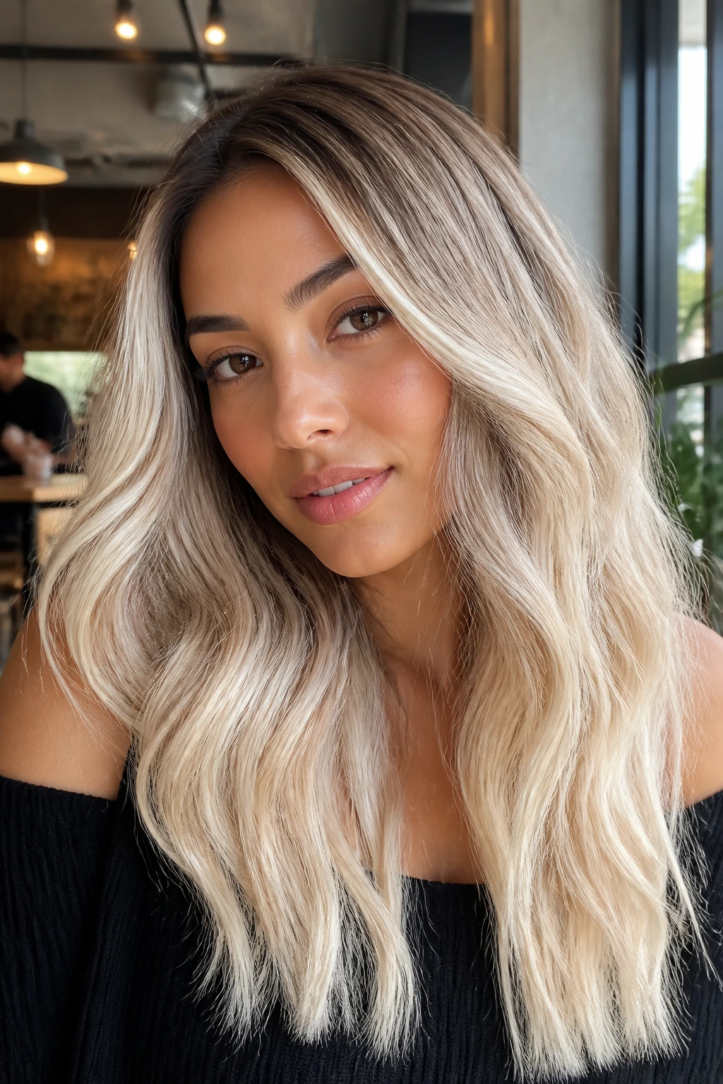 Close-up of a real person with warm-skin-toned makeup and platinum blonde ombre hair, soft root to pale ends in daylight