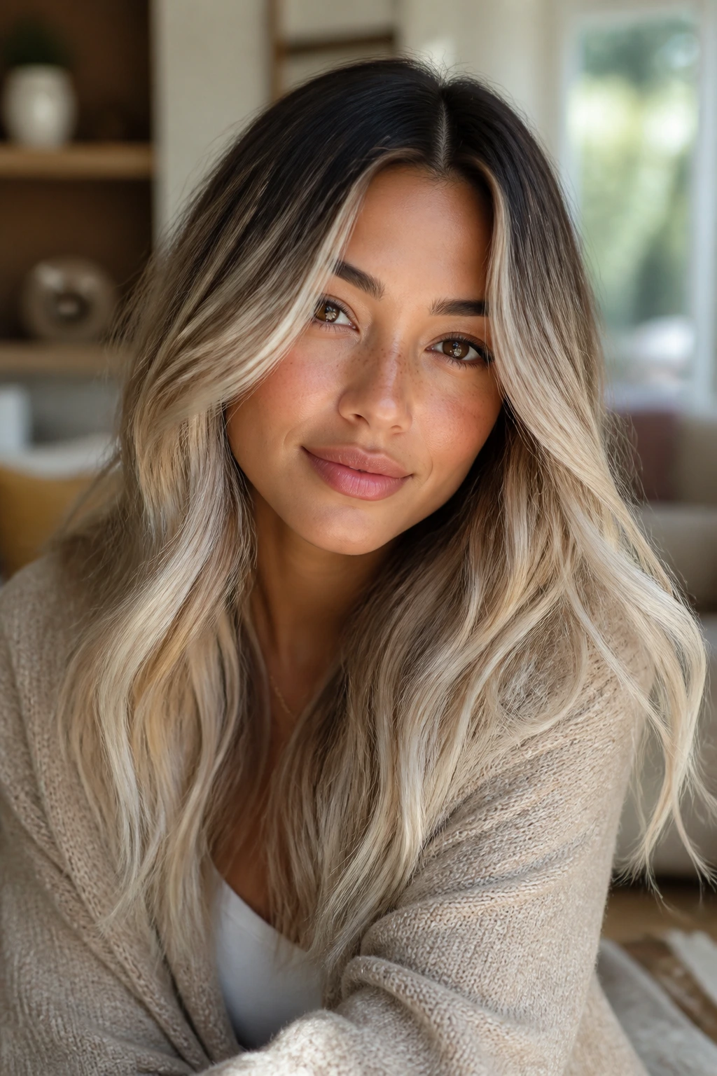 Close-up portrait of a woman with platinum ombre and warm undertones in natural light