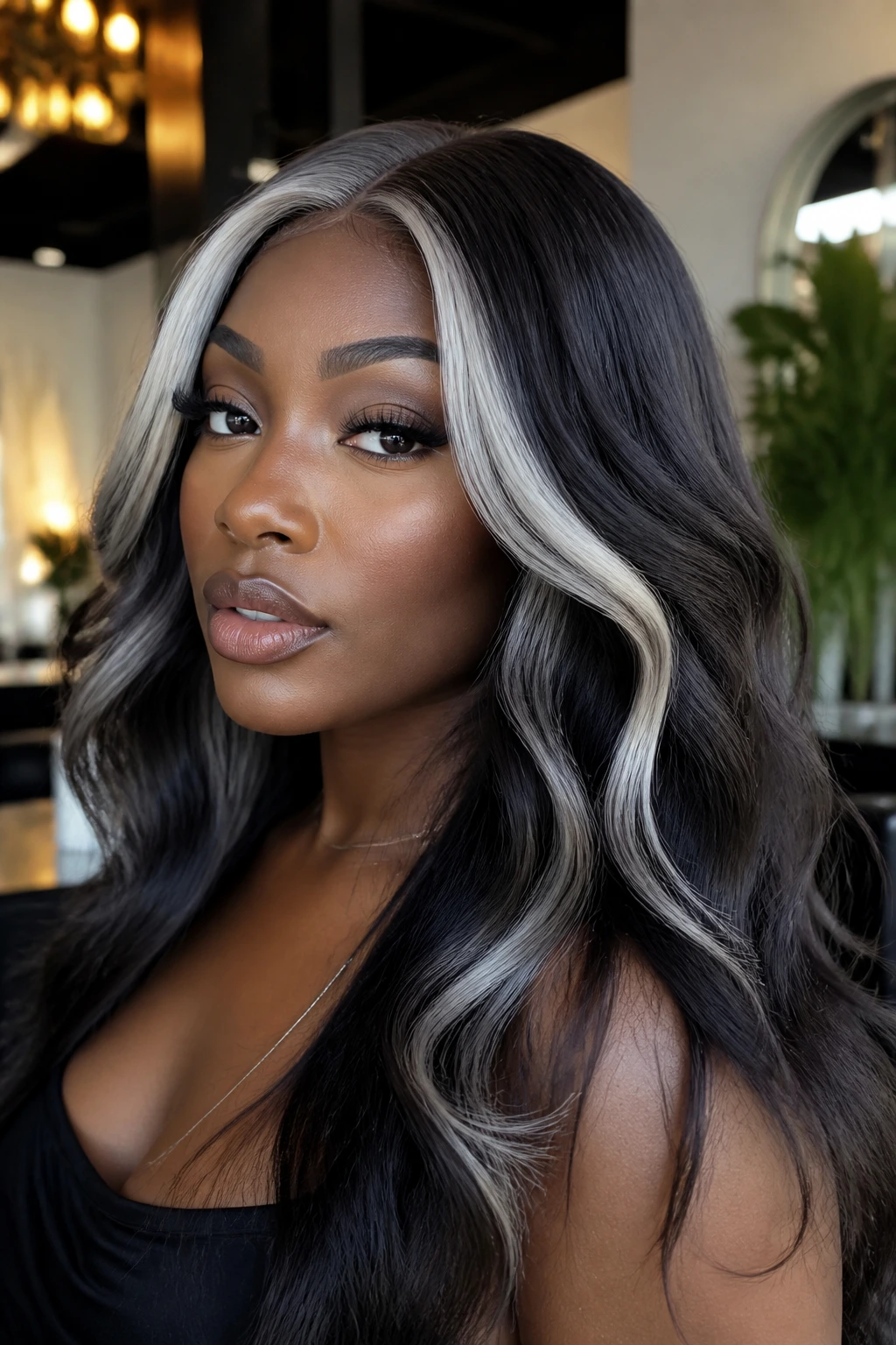 Close-up of hair with smokestack platinum paneling on a deep brunette base framing the face