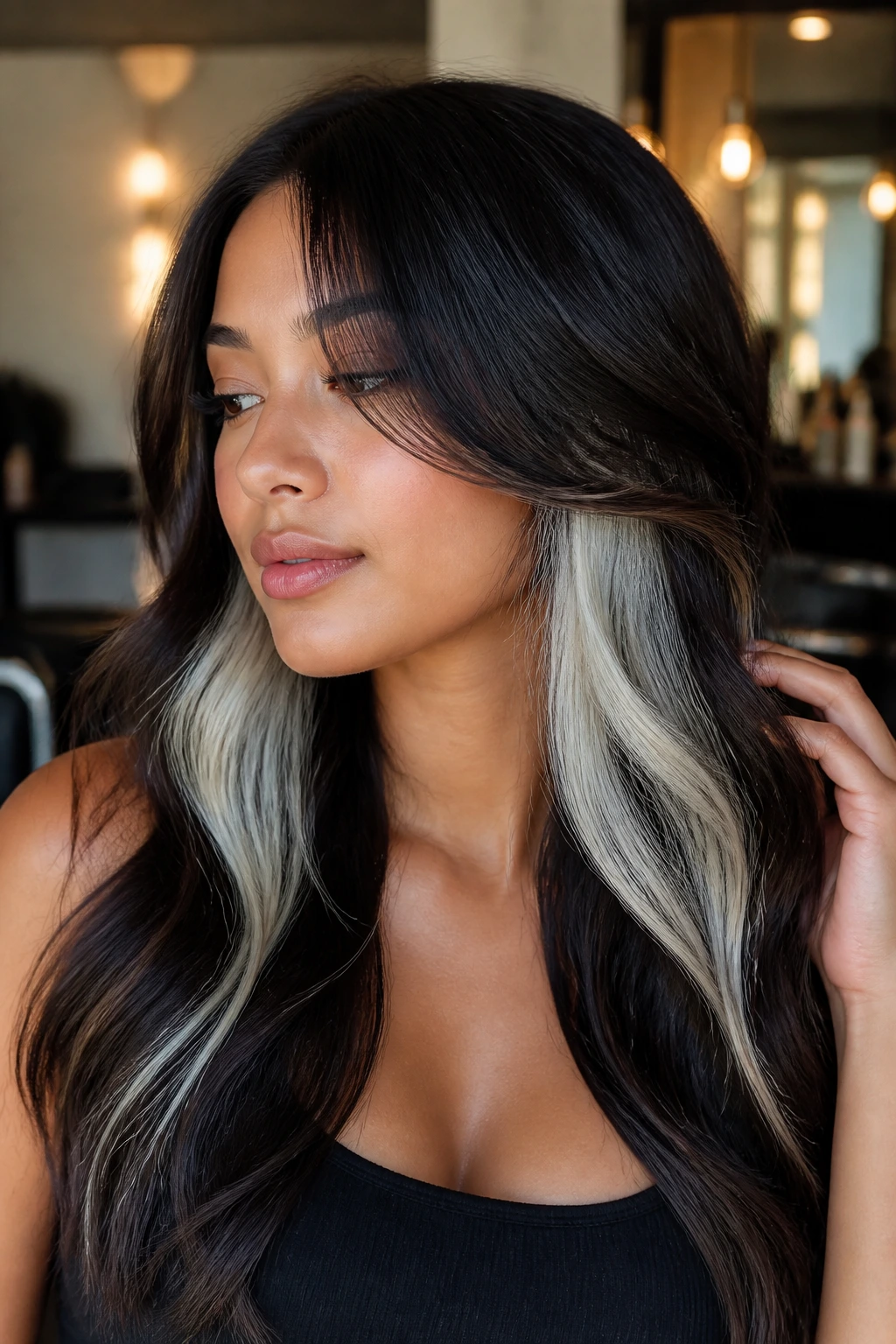 Close-up of a woman with platinum peekaboo panels under top layers