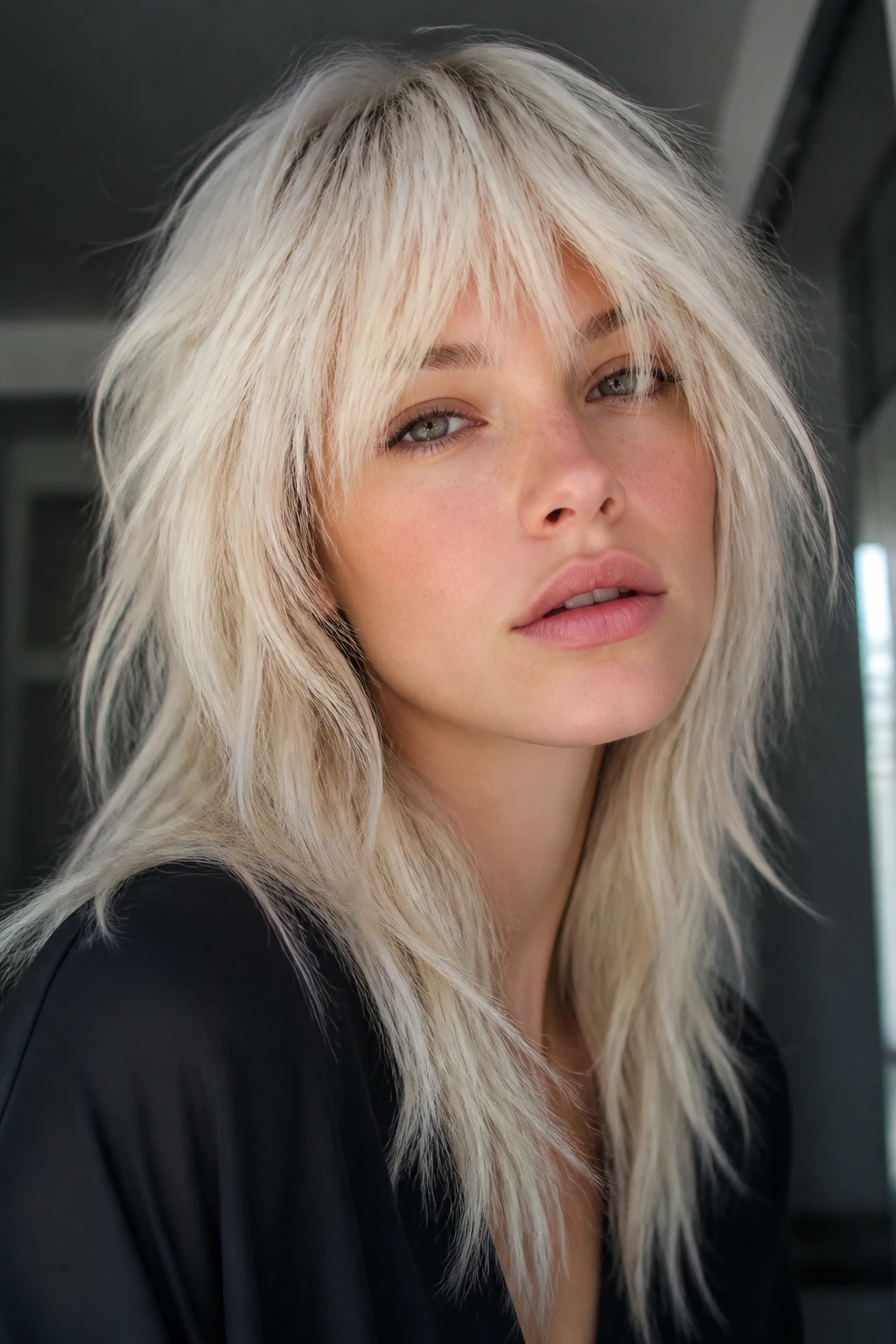 Close-up of platinum piecey shag with broken ends on a real woman