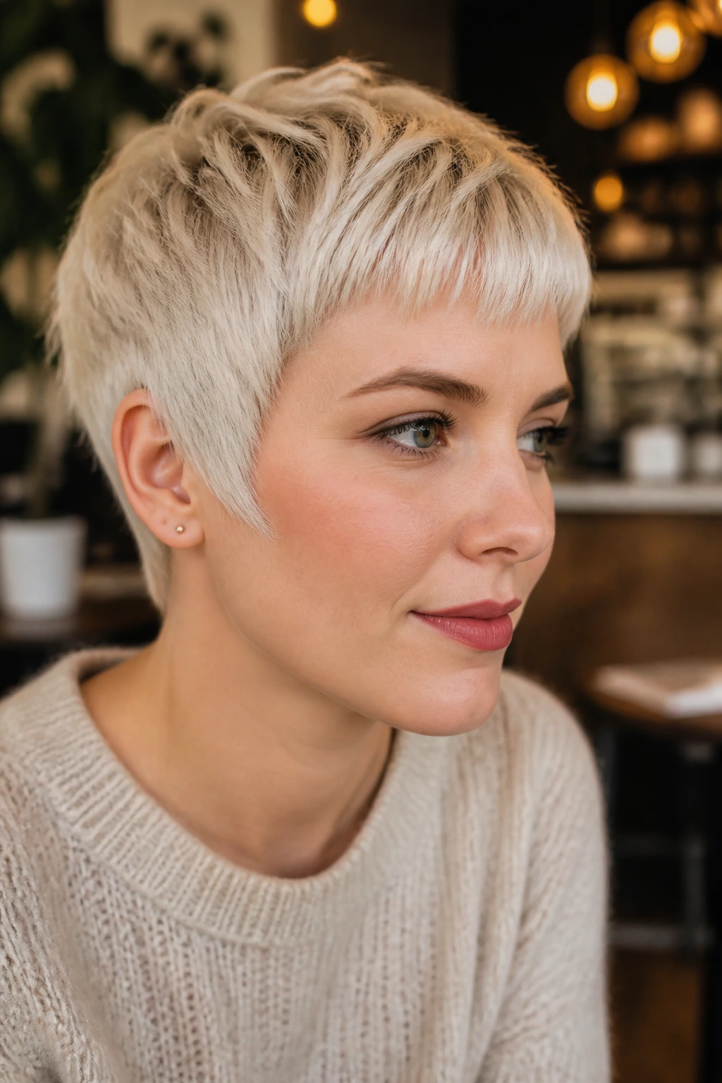 Real person with platinum pixie, baby bangs, feathered temples.