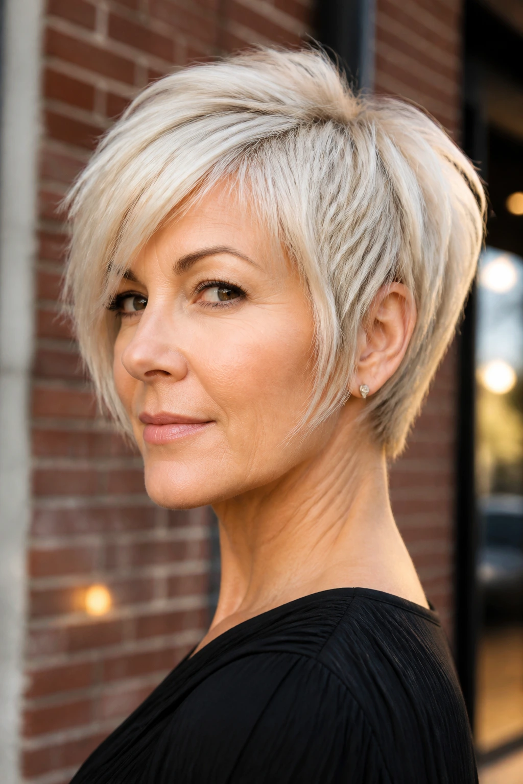 Close-up of a real woman with razor-cut platinum pixie bob hybrid; softened ends.