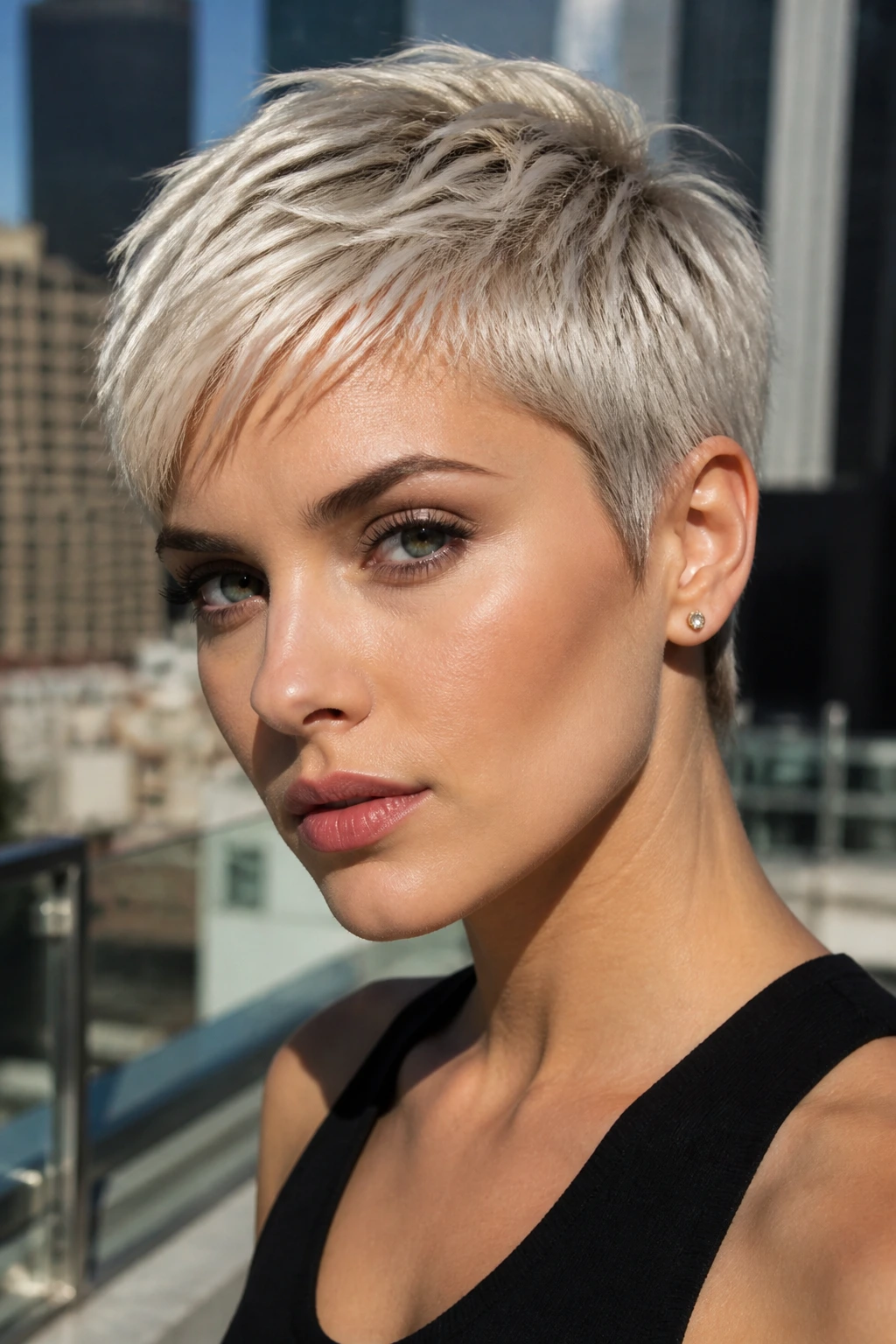 Close-up portrait of a woman with a platinum pixie crop and soft root shadow
