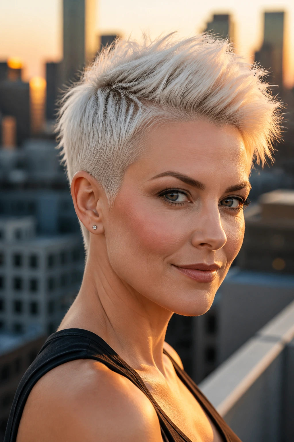 Close-up of a real woman with platinum pixie and lifted crown; top height emphasized.