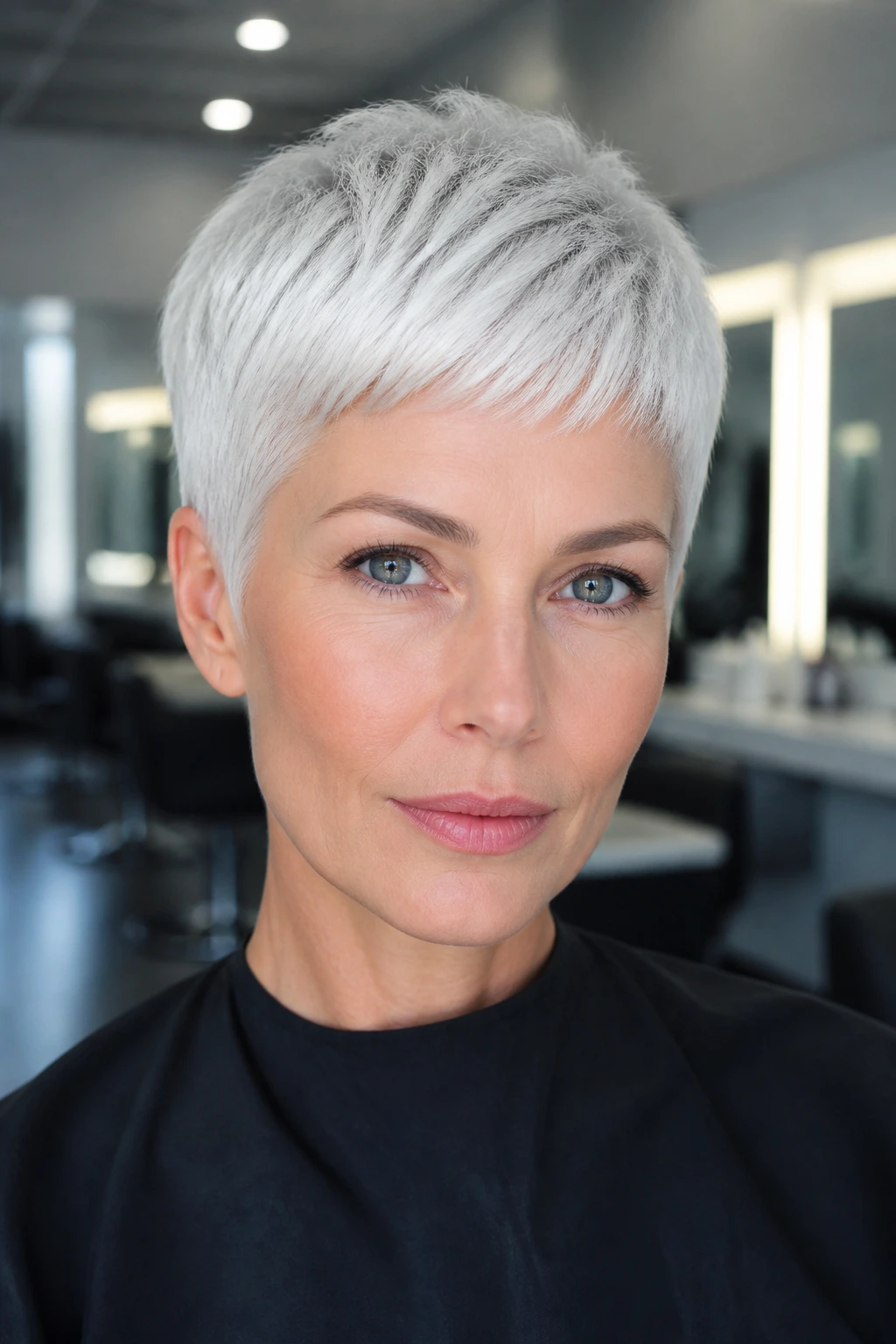 Portrait of a person with a pure ice platinum pixie crop on cool-toned skin