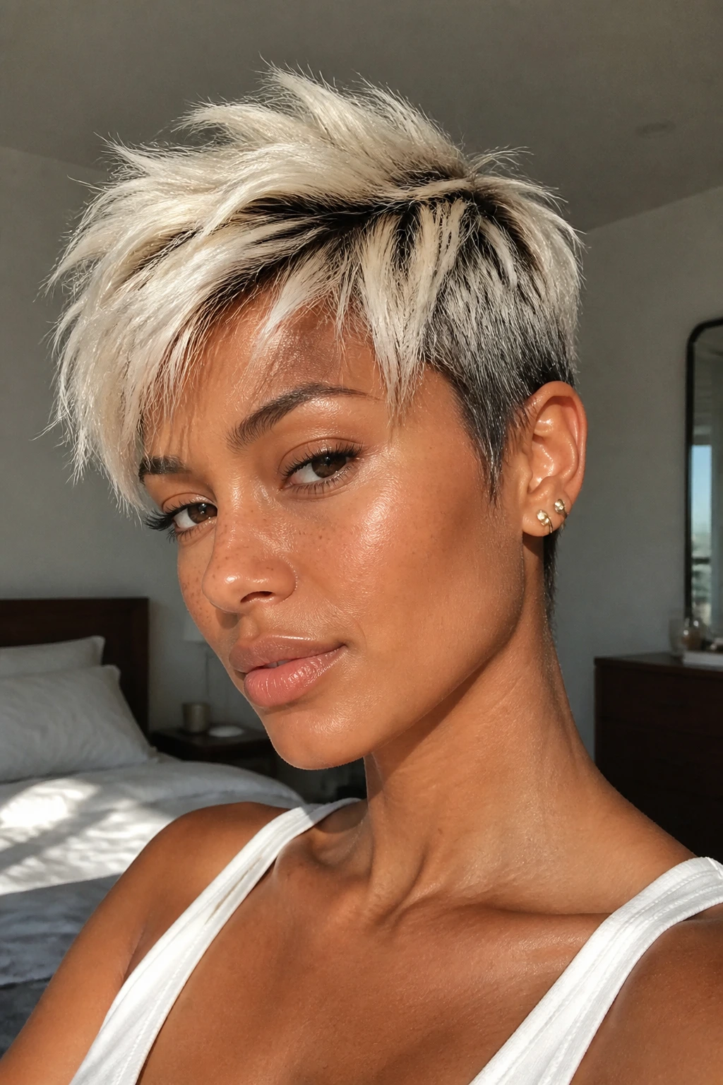 Close-up portrait of a real person with Platinum Pixie with Dark Roots on tan skin