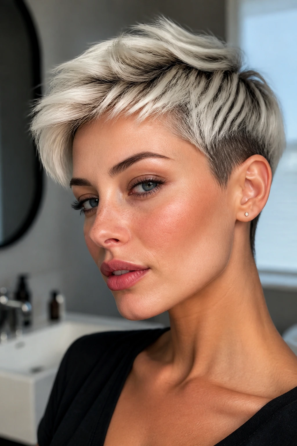 Real woman with platinum pixie showing depth at roots and nape