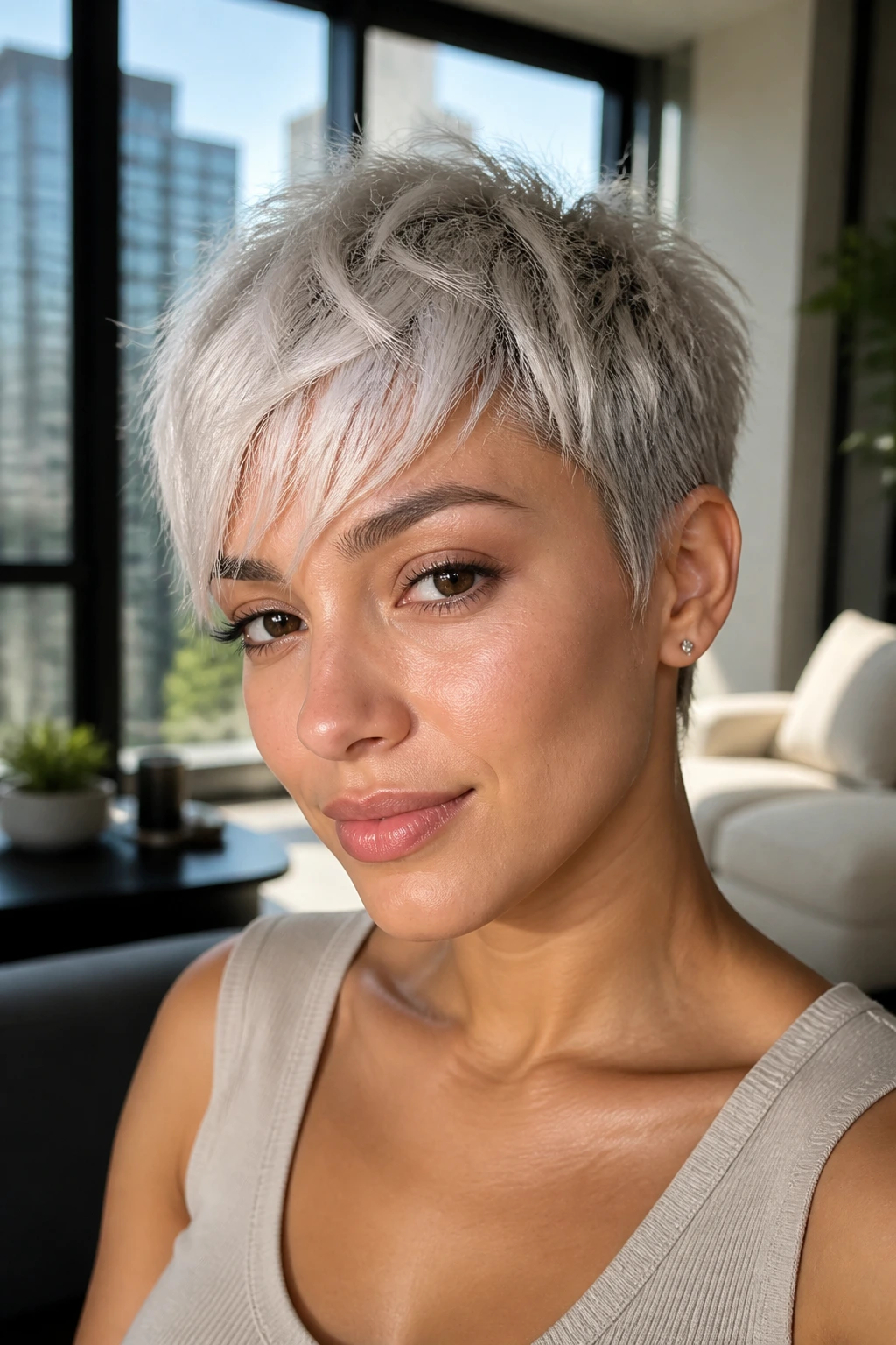 Close-up portrait of a real woman with platinum pixie and piecey fringe in sunlit room