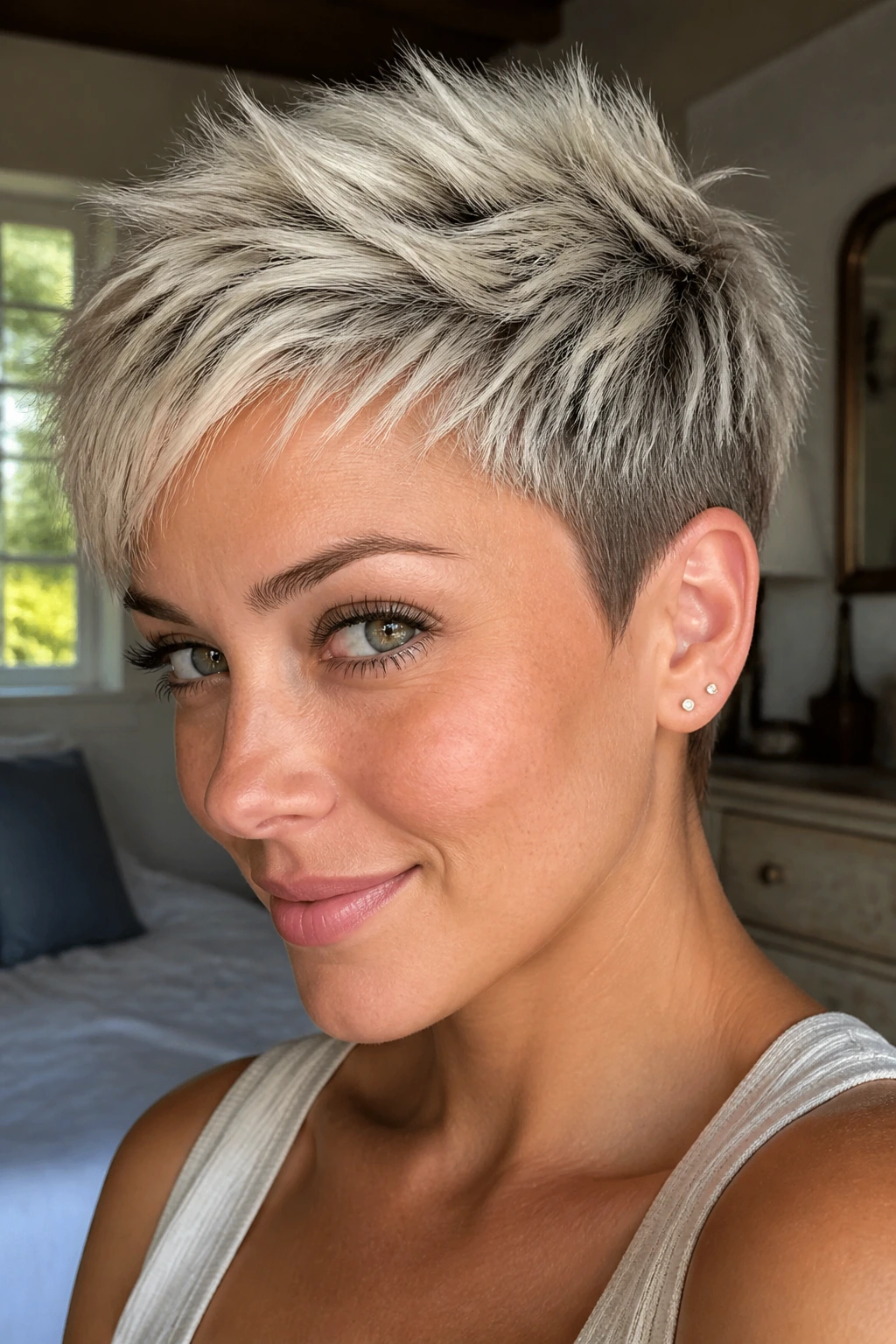 Close-up portrait of a real woman with platinum pixie frost hairstyle