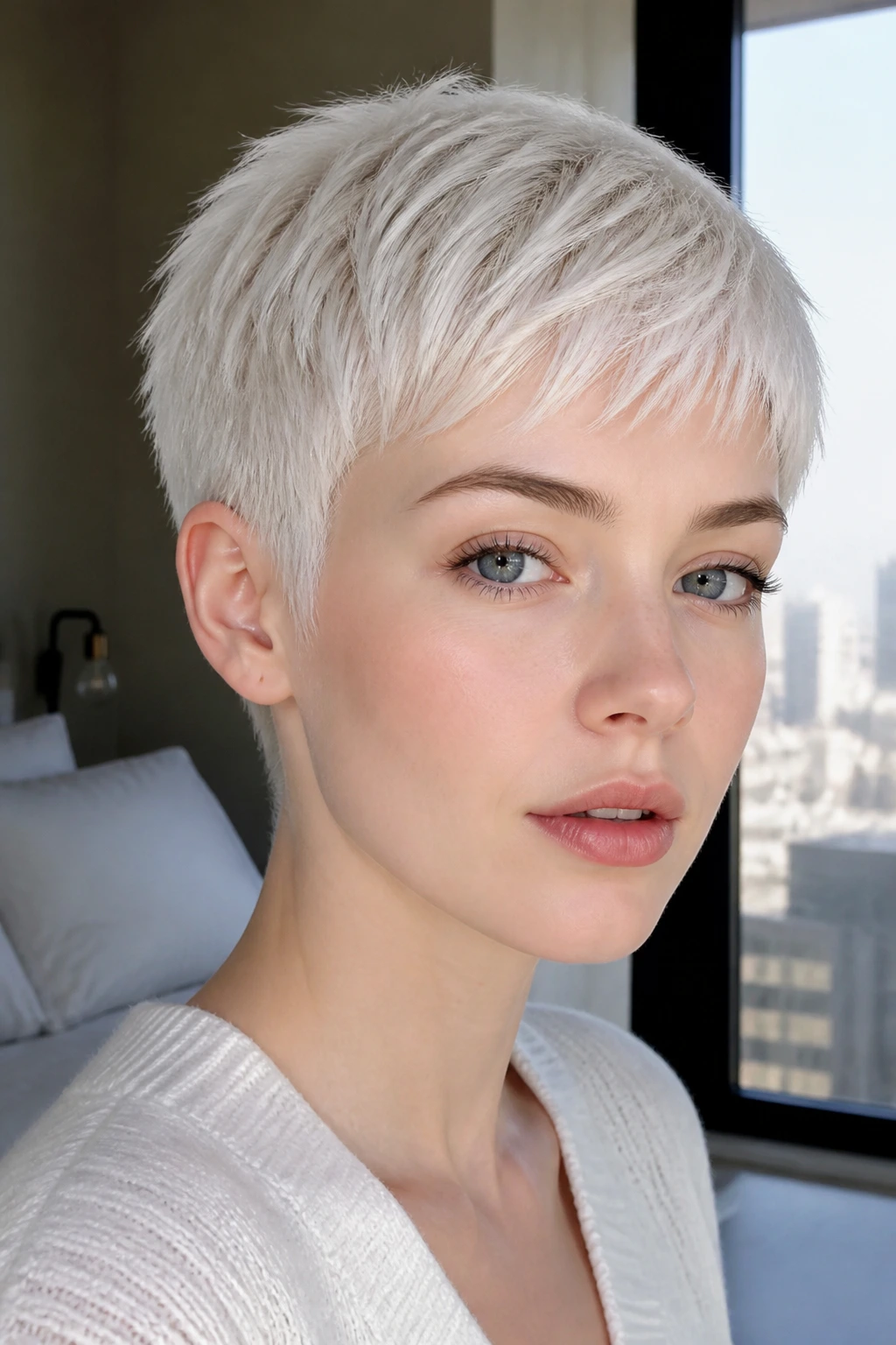 Close-up portrait of a real woman with a near-white platinum pixie crop against pale skin, soft window light.