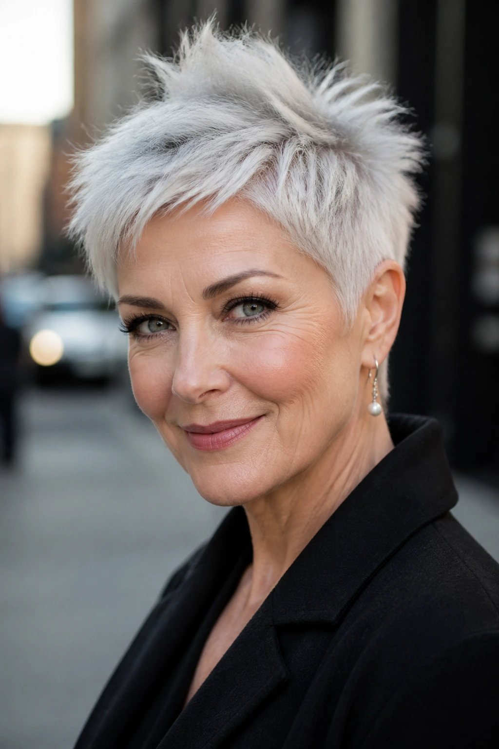 Close-up of gray-haired woman with Platinum Spiky Pixie Gentle Height.
