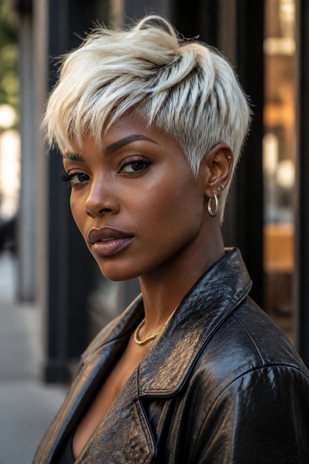 Real person with platinum pixie cut on deep skin