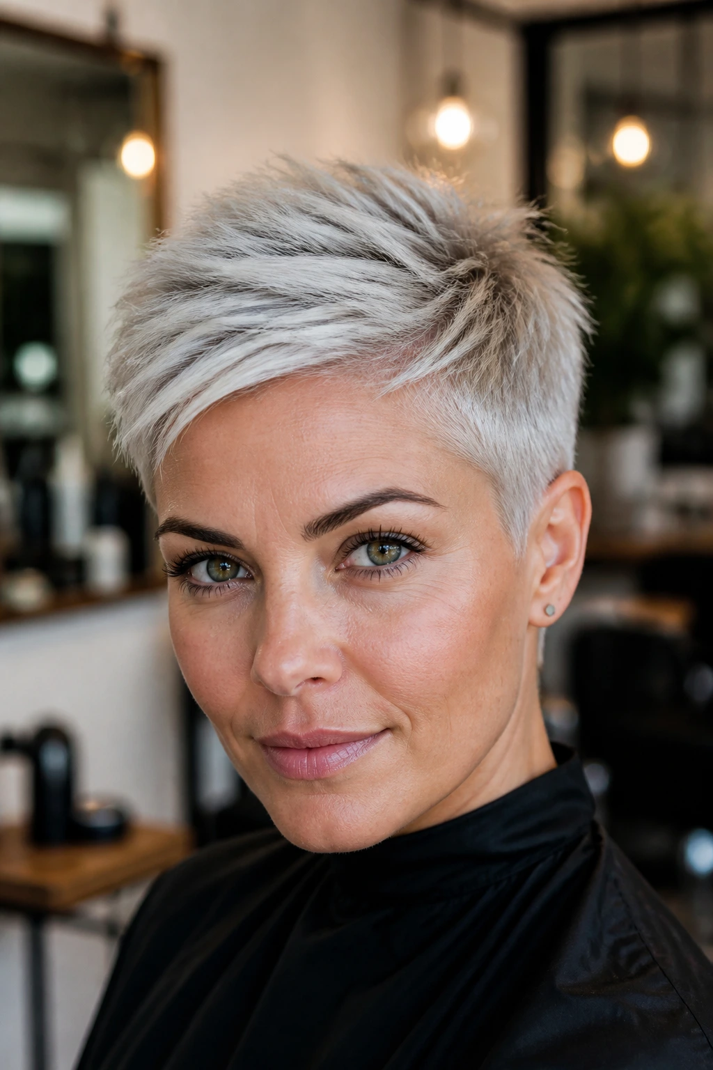 Close-up portrait of a real woman with a platinum pixie in a salon, crisp neckline and fresh look