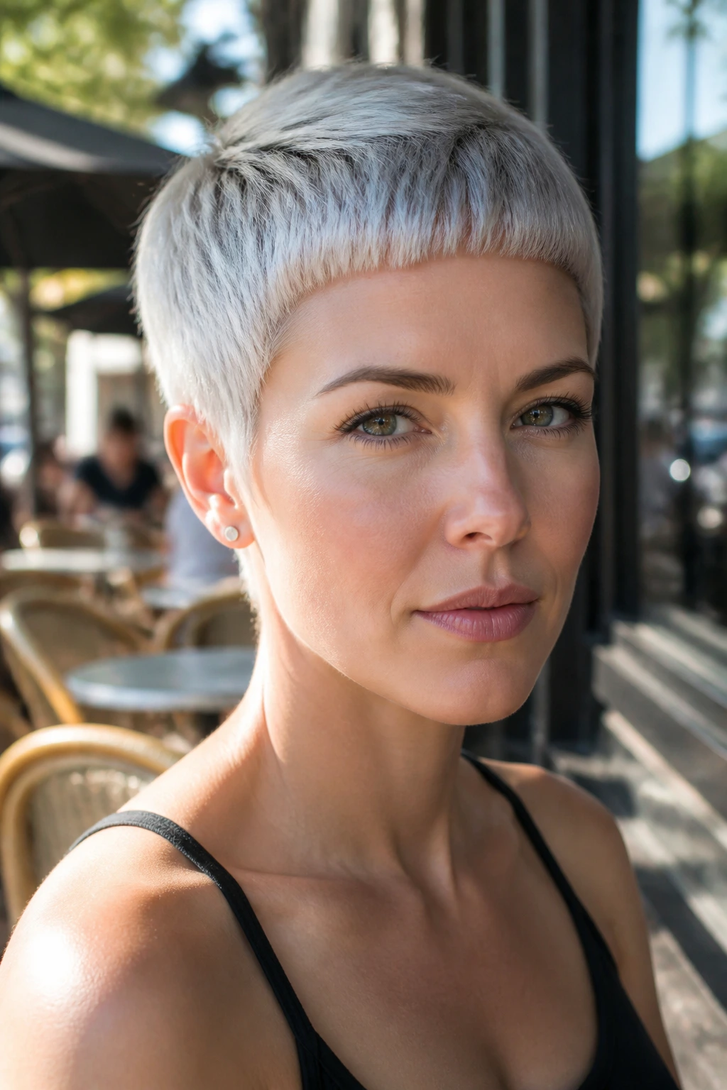 Real person with platinum pixie and micro fringe in sunlit cafe