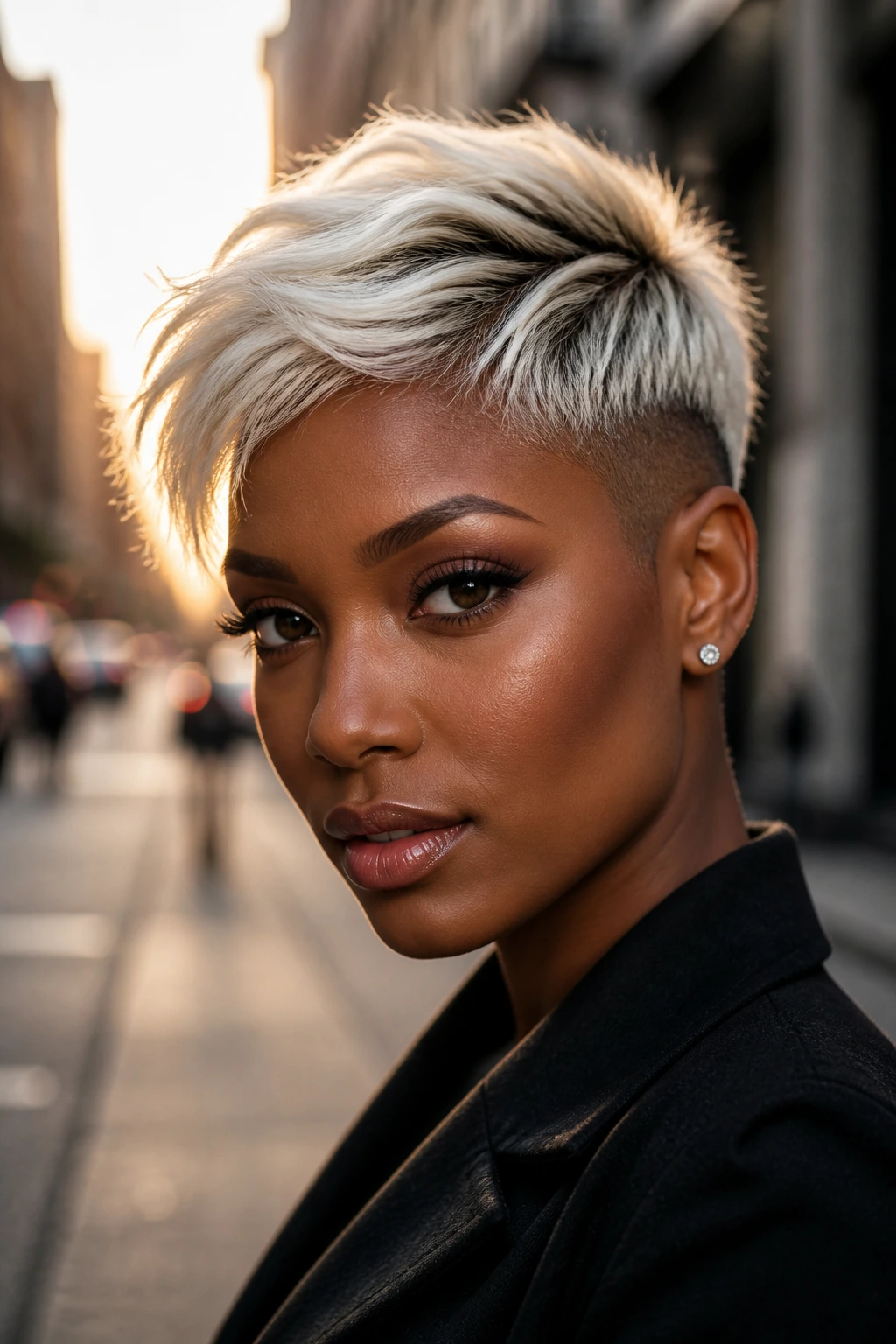 Close-up of a real woman with platinum pixie and shadow root on city street