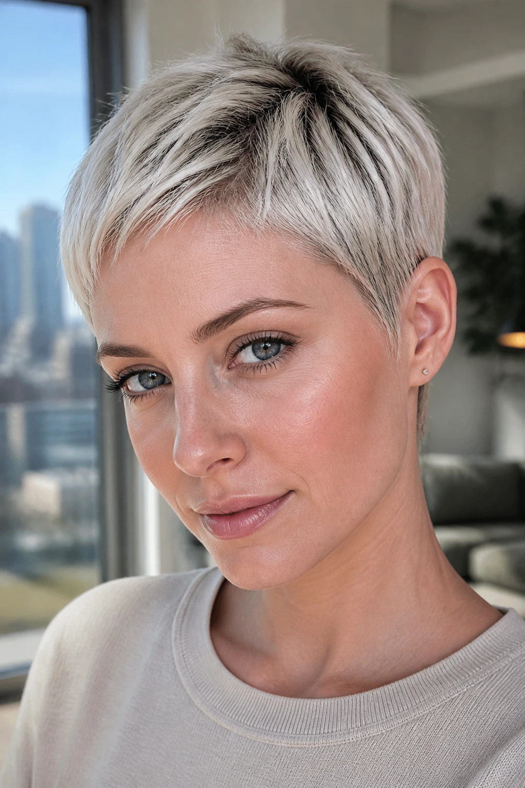Close-up of a woman with platinum pixie and shadow root
