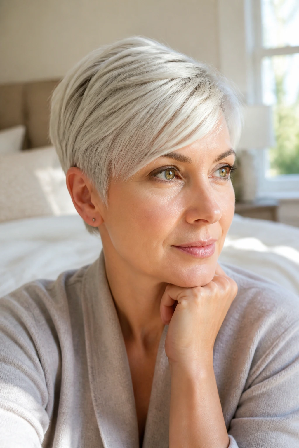 Real person with side-swept platinum pixie in sunlit bedroom.