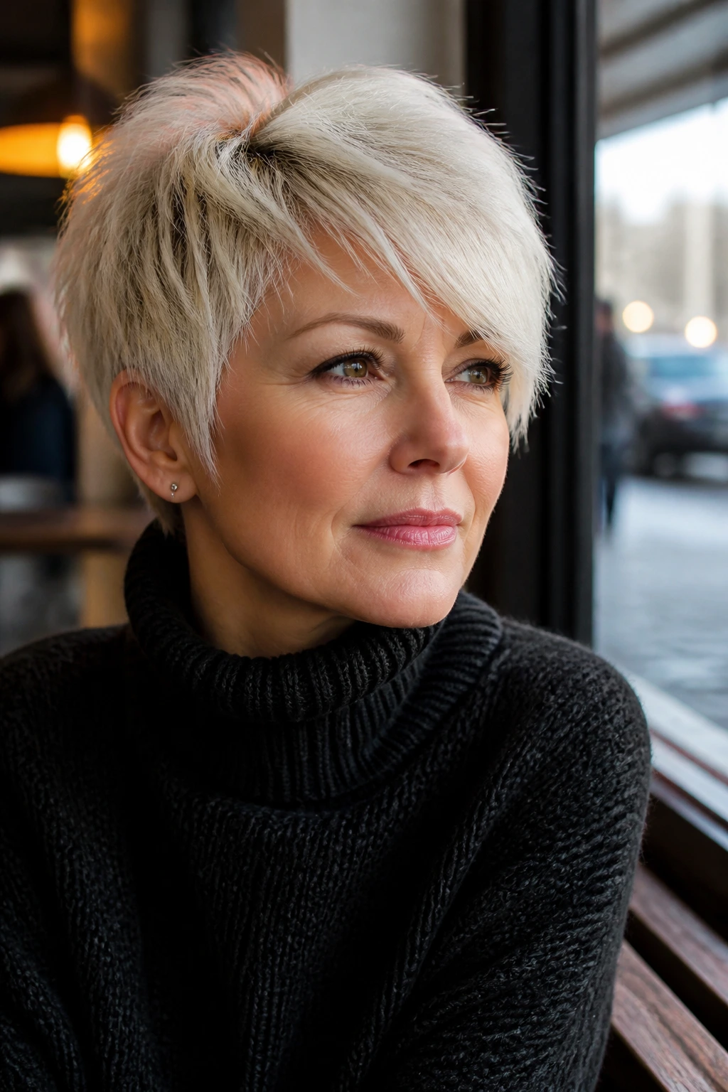 Real woman with feathered platinum pixie and side-swept fringe in cafe window light