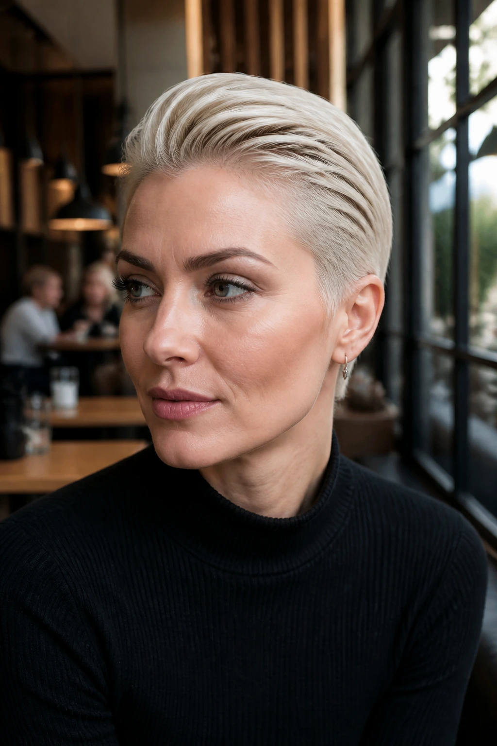 Close-up of a real woman with slicked-back platinum pixie; wet-look finish.