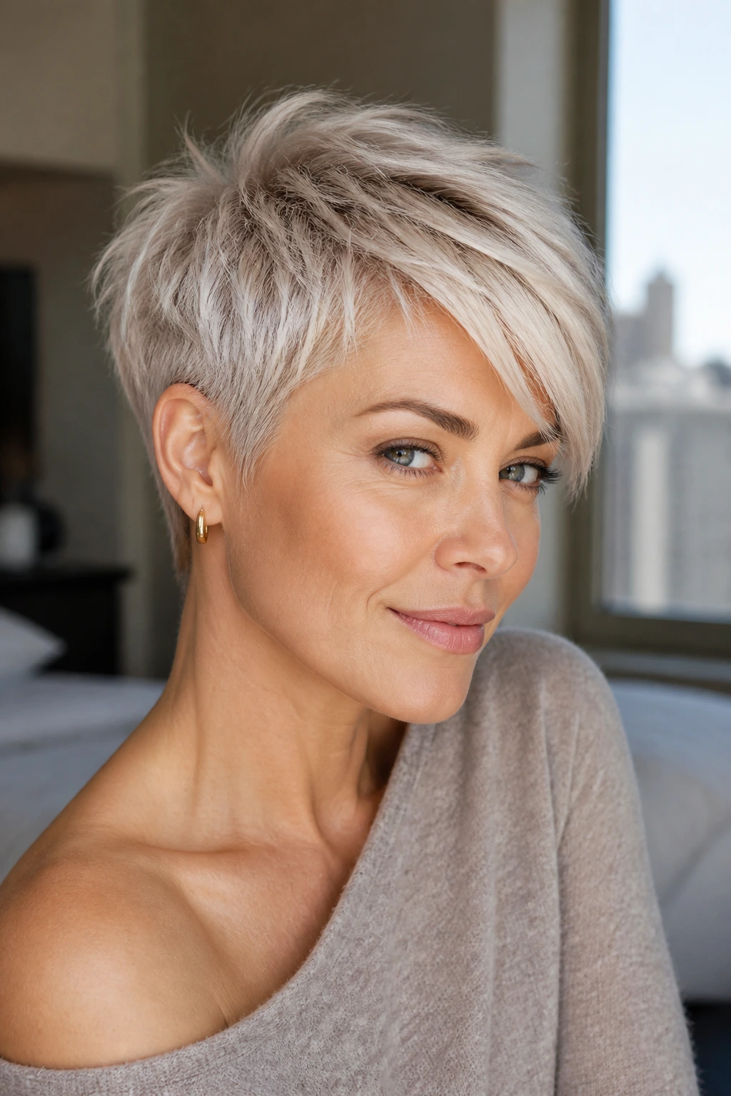 Close-up portrait of a real woman with platinum pixie and diagonal fringe in window-lit bedroom