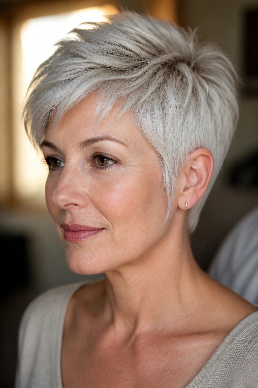 Close-up of real woman with platinum pixie cut featuring temple-length wisps.