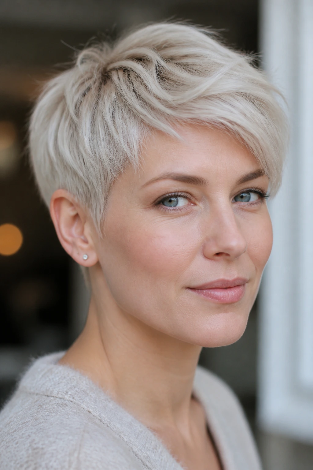 Portrait of a real woman with a platinum pixie and soft texture