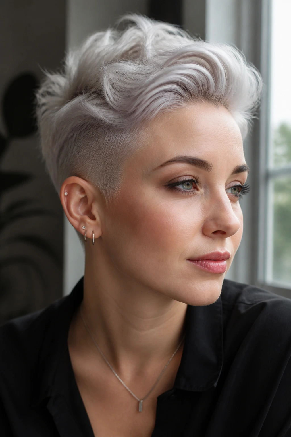 Close-up portrait of a person with pearlized pixie undercut in platinum hair