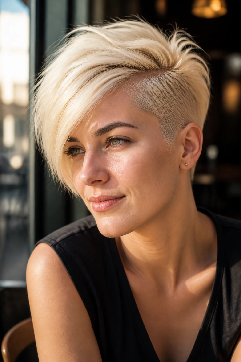 Close-up of a real woman with platinum undercut pixie and long swept top.
