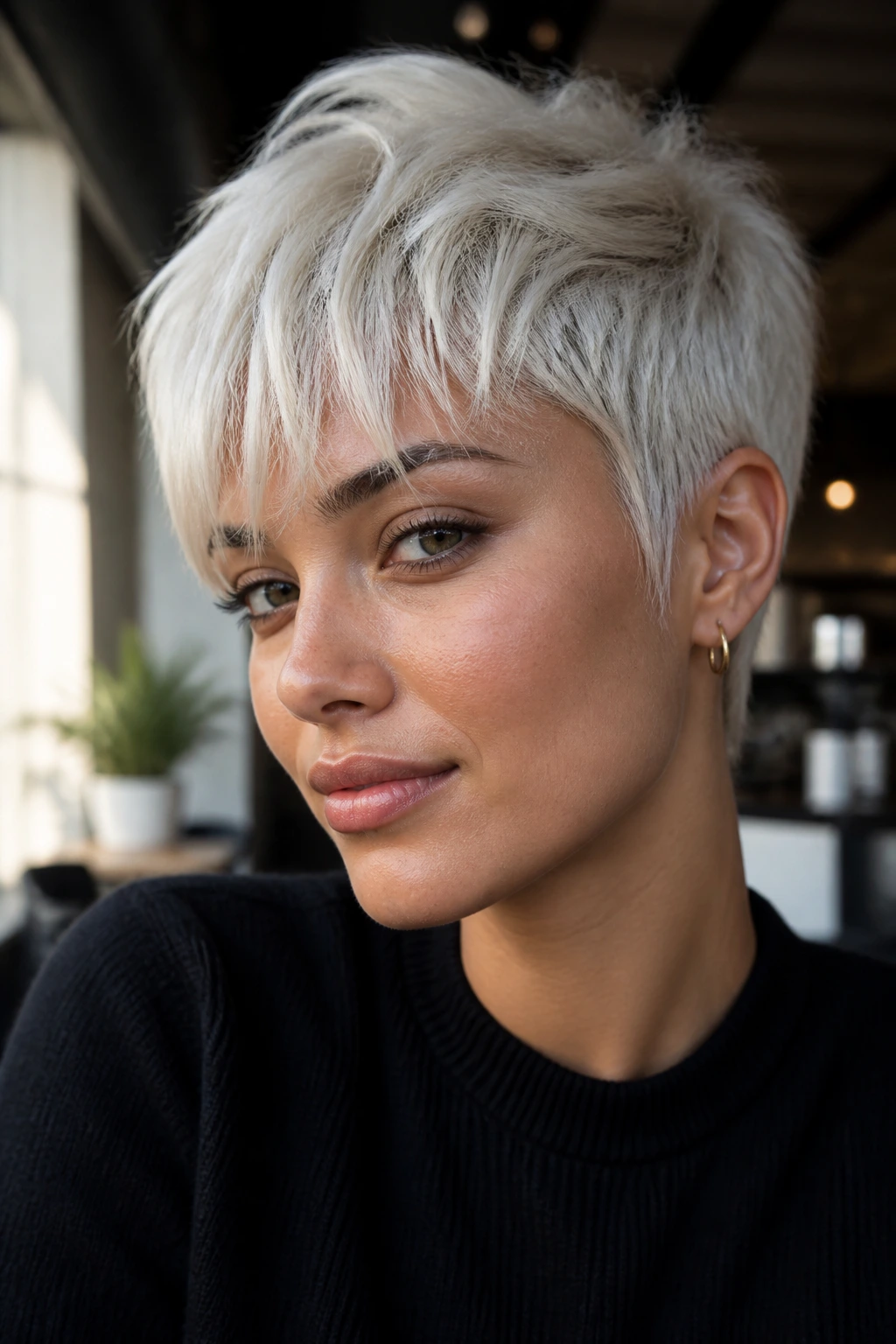 Close-up of platinum pixie with wispy fringe on olive skin