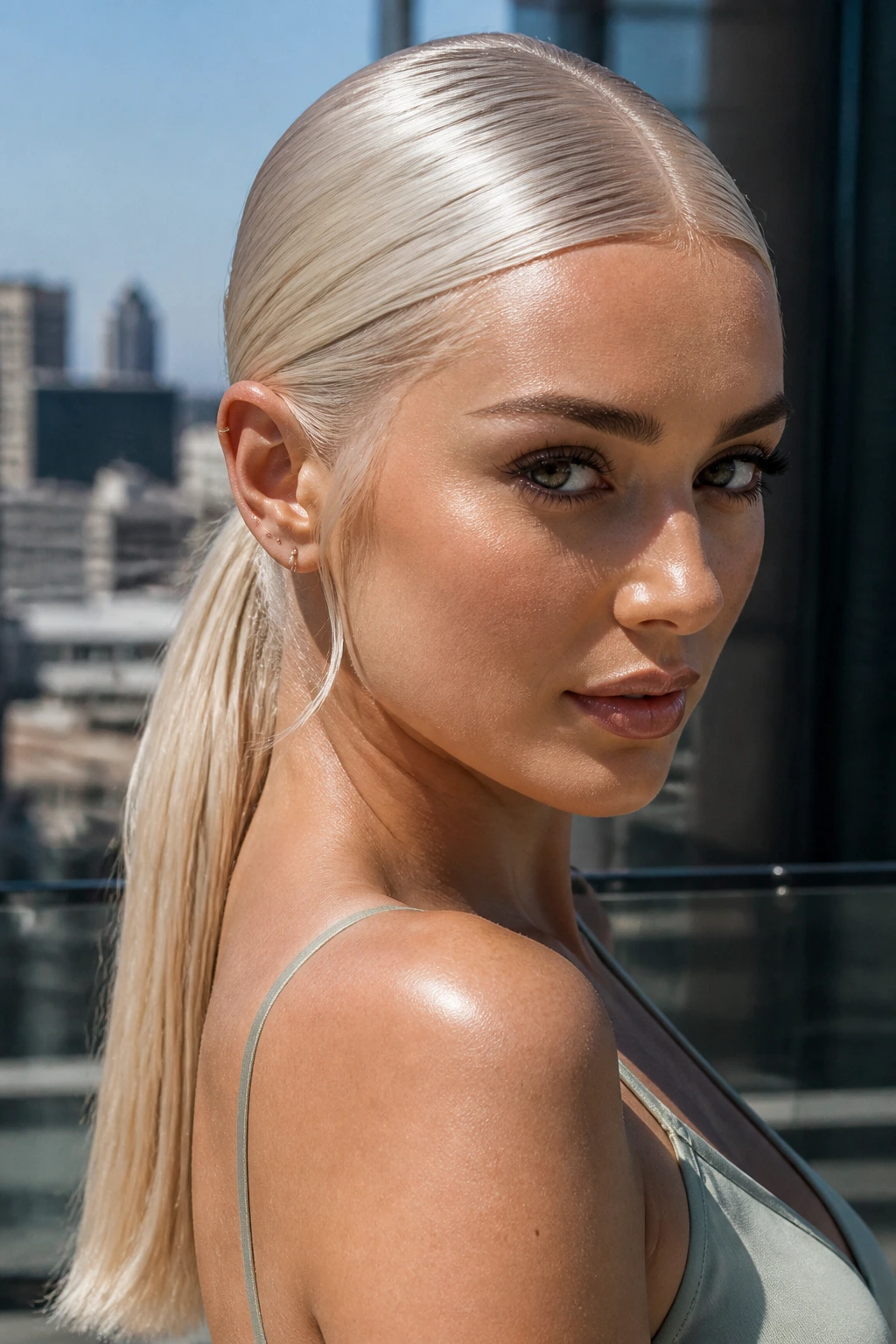 Close-up portrait of a woman with glassy platinum slick-back ponytail in sunlit urban setting