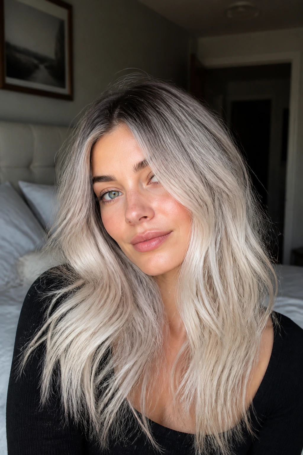 Close-up portrait of a real woman with lived-in platinum hair and soft regrowth in natural light.