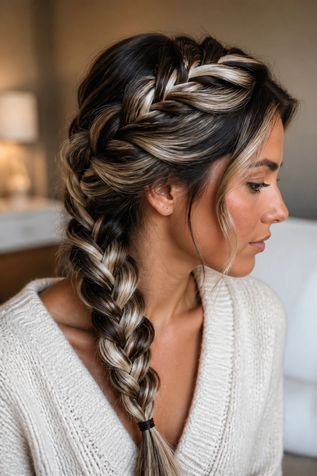 Braided hairstyle with platinum ribbon highlights on a real person