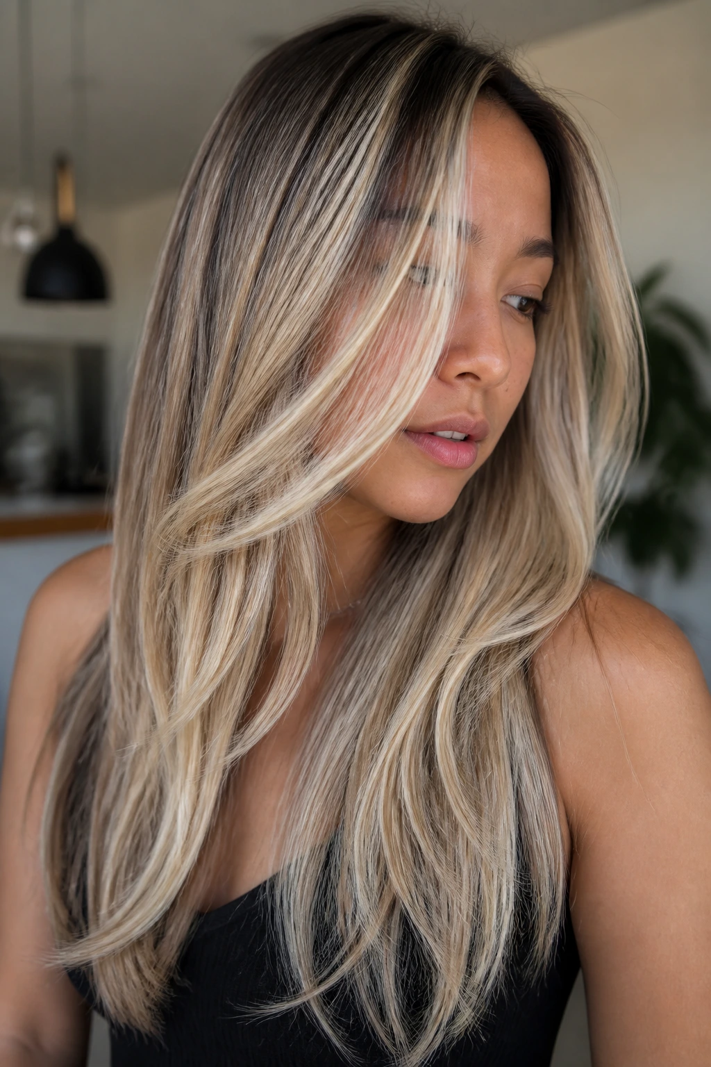 Portrait of a real woman with long layered hair and platinum ribbon highlights