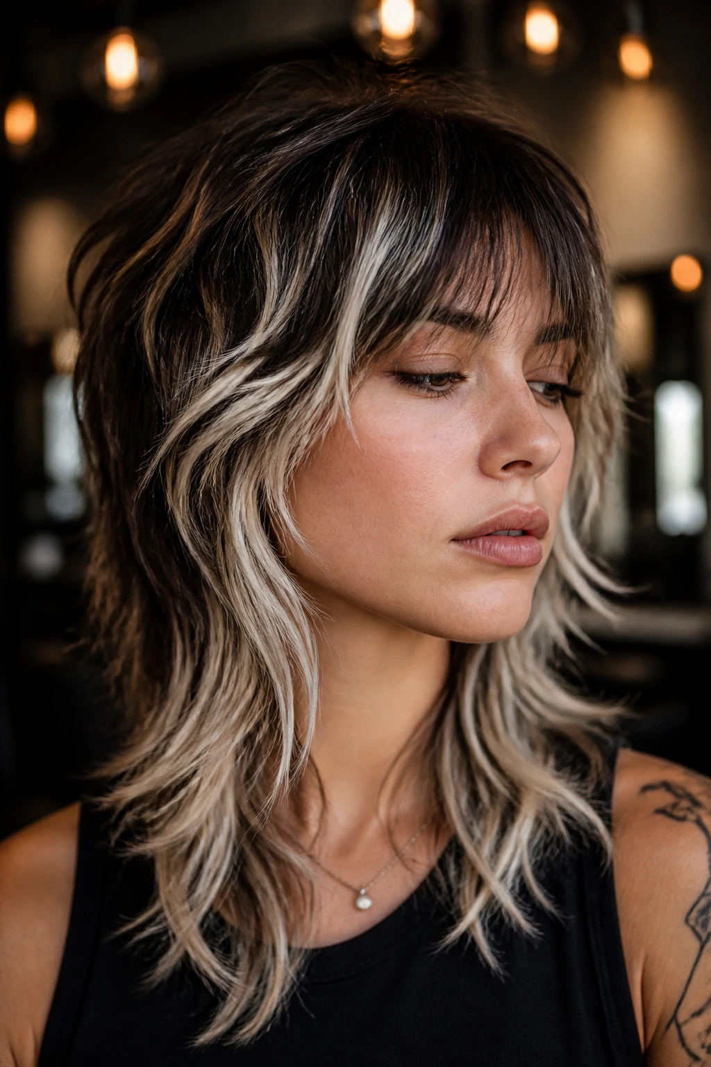 Close-up of wolf cut with platinum ribbon highlights on a real person.
