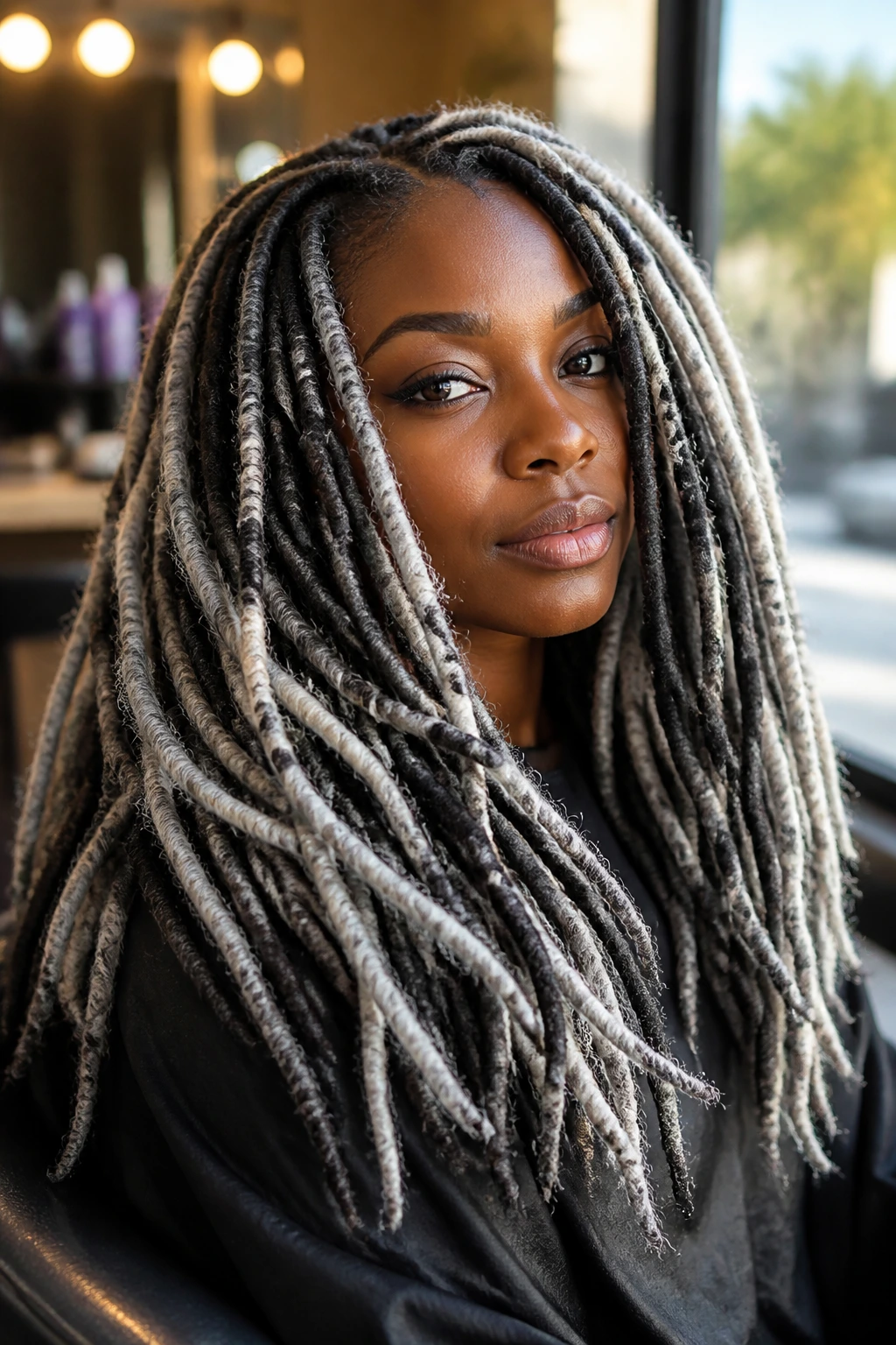 Close-up portrait of a deep-skinned woman with platinum-gray ribbon locs woven through her hair