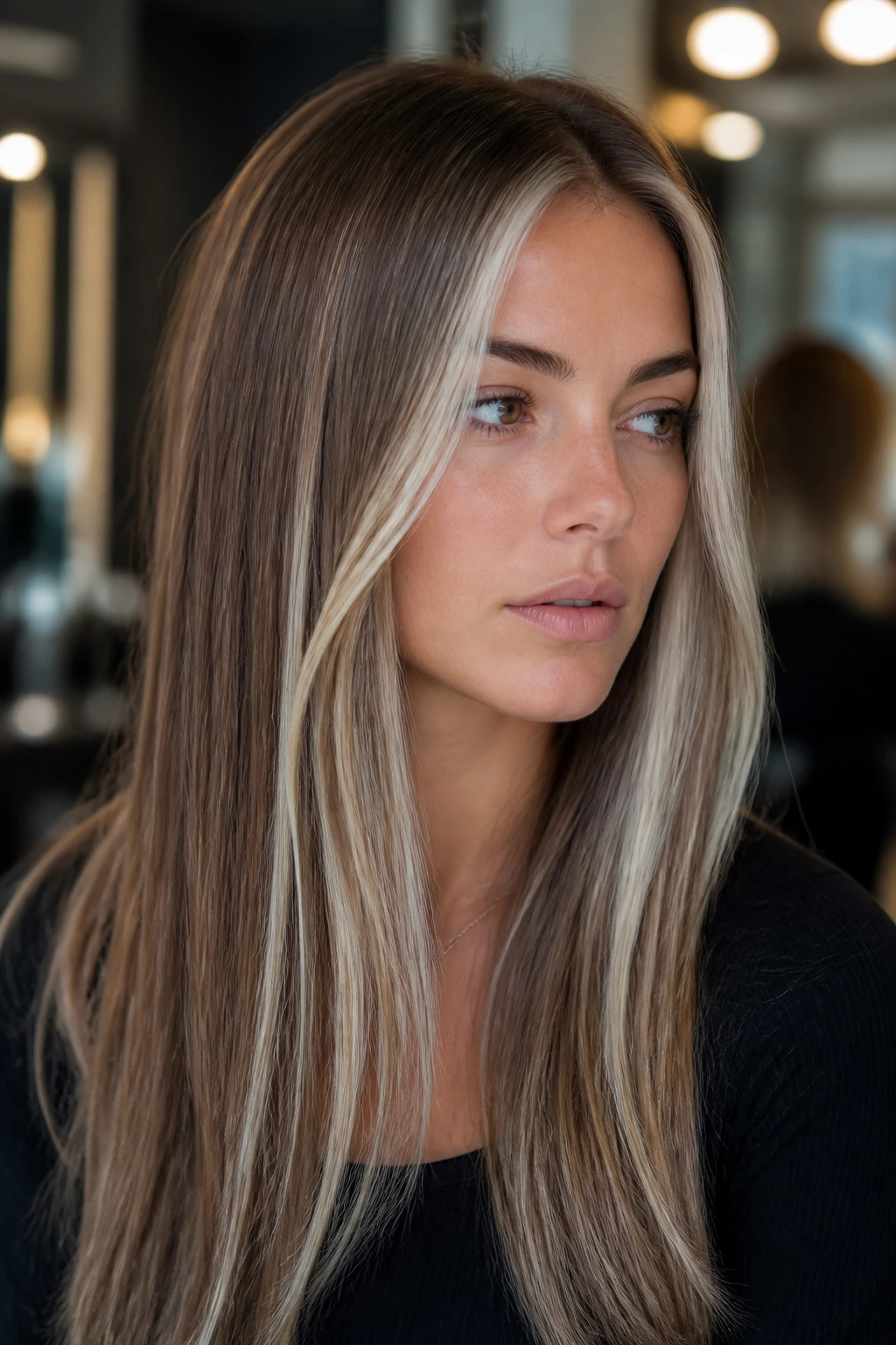 Close-up of a real woman with light brown hair and platinum ribbons at the front