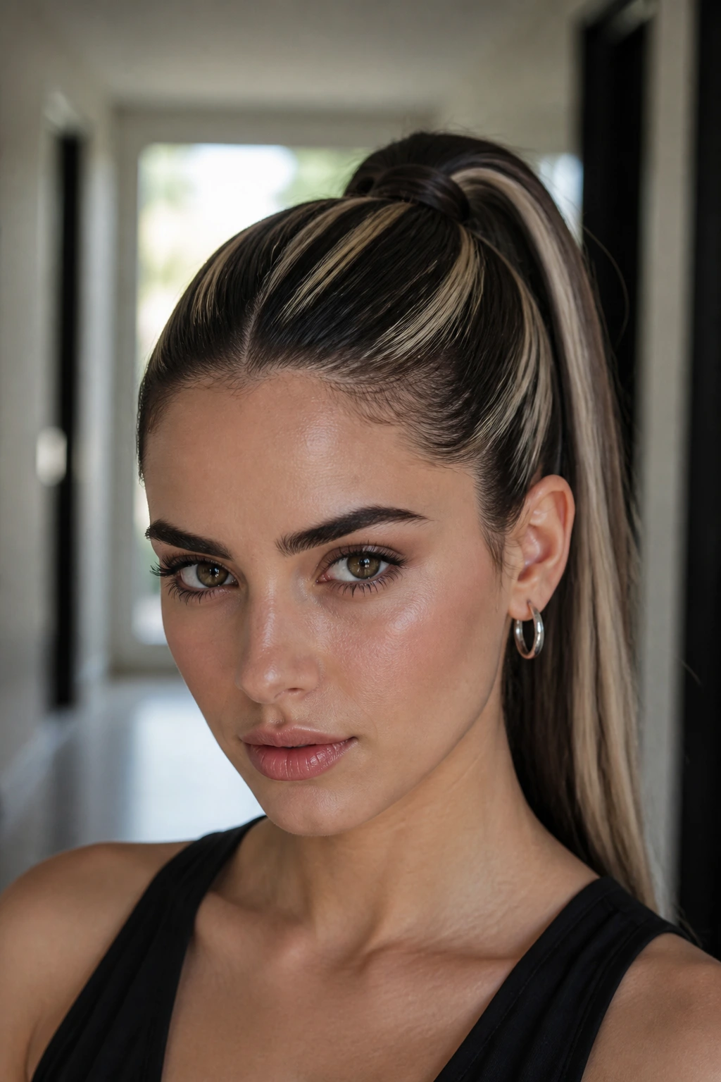 Real woman with sleek ponytail and platinum ribbon highlights