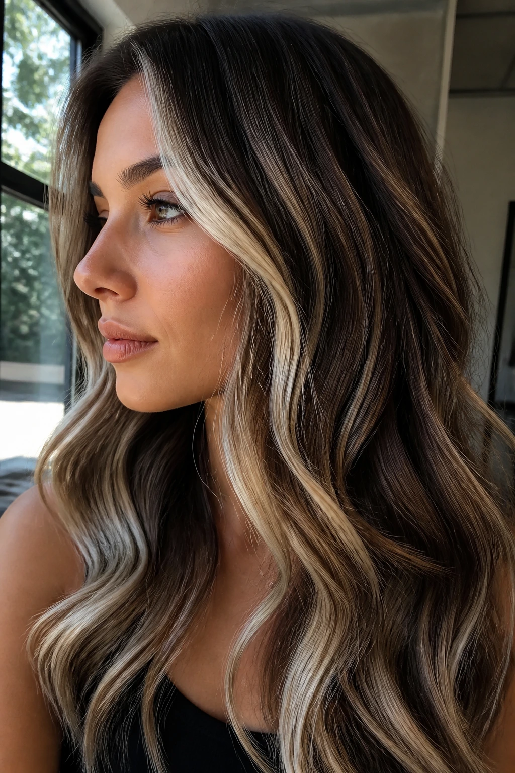 Woman with platinum ribbons and brunette lowlights in loose waves