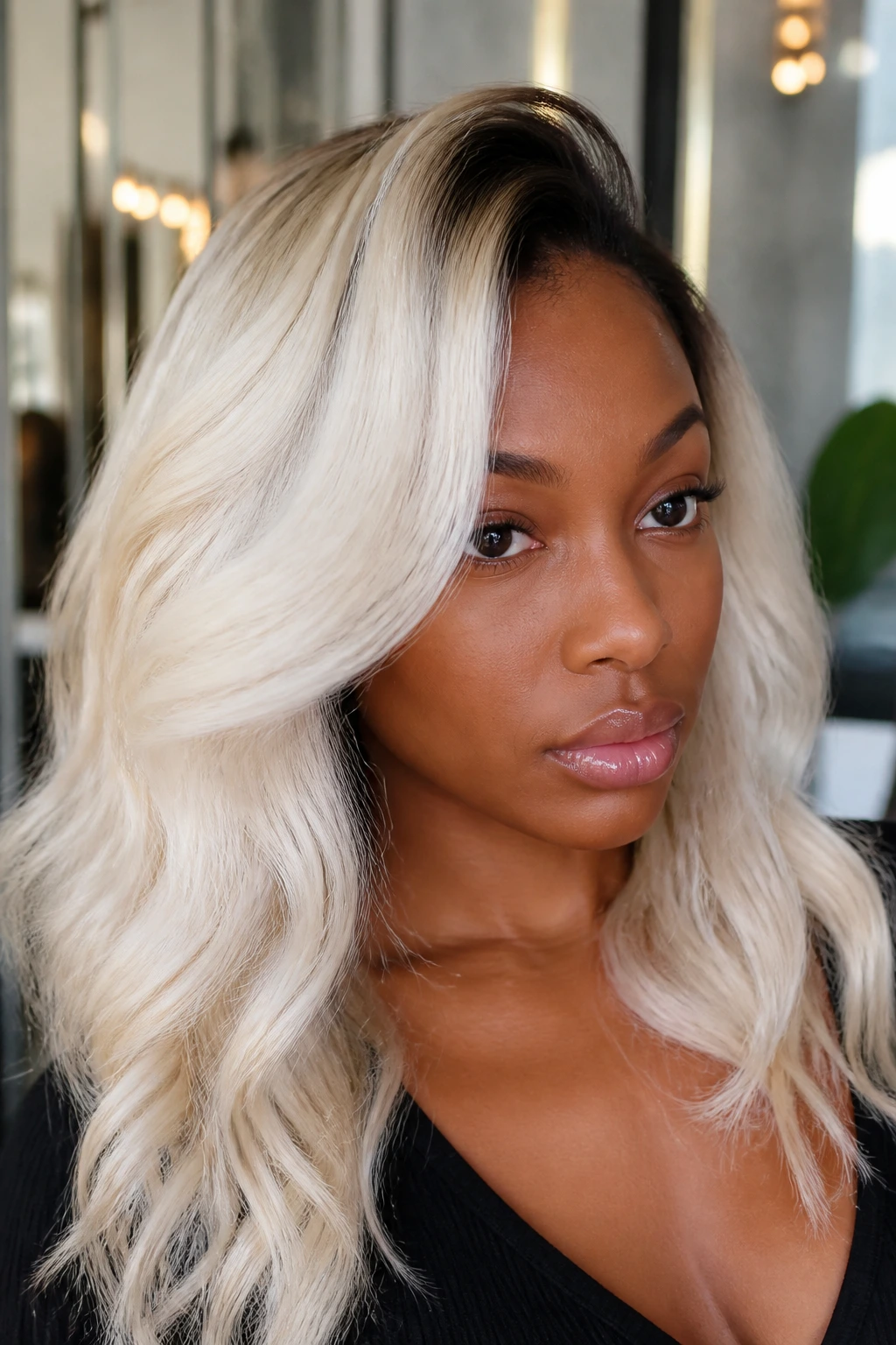 Close-up portrait of a real person with platinum hair and a dark root shadow