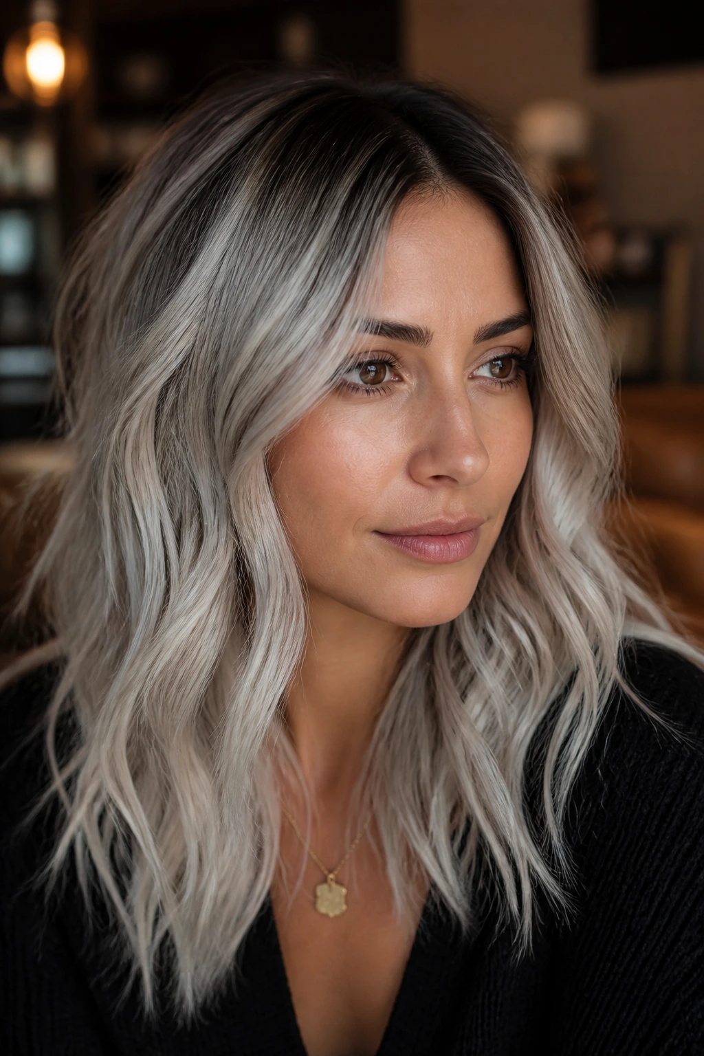 Close-up portrait of a real woman with rooted platinum brunette hair, soft salon lighting
