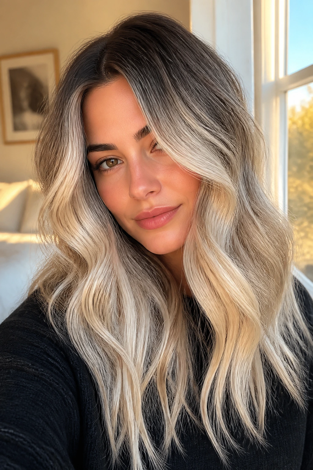 Close-up of a real person with dark roots and platinum ends on wavy hair