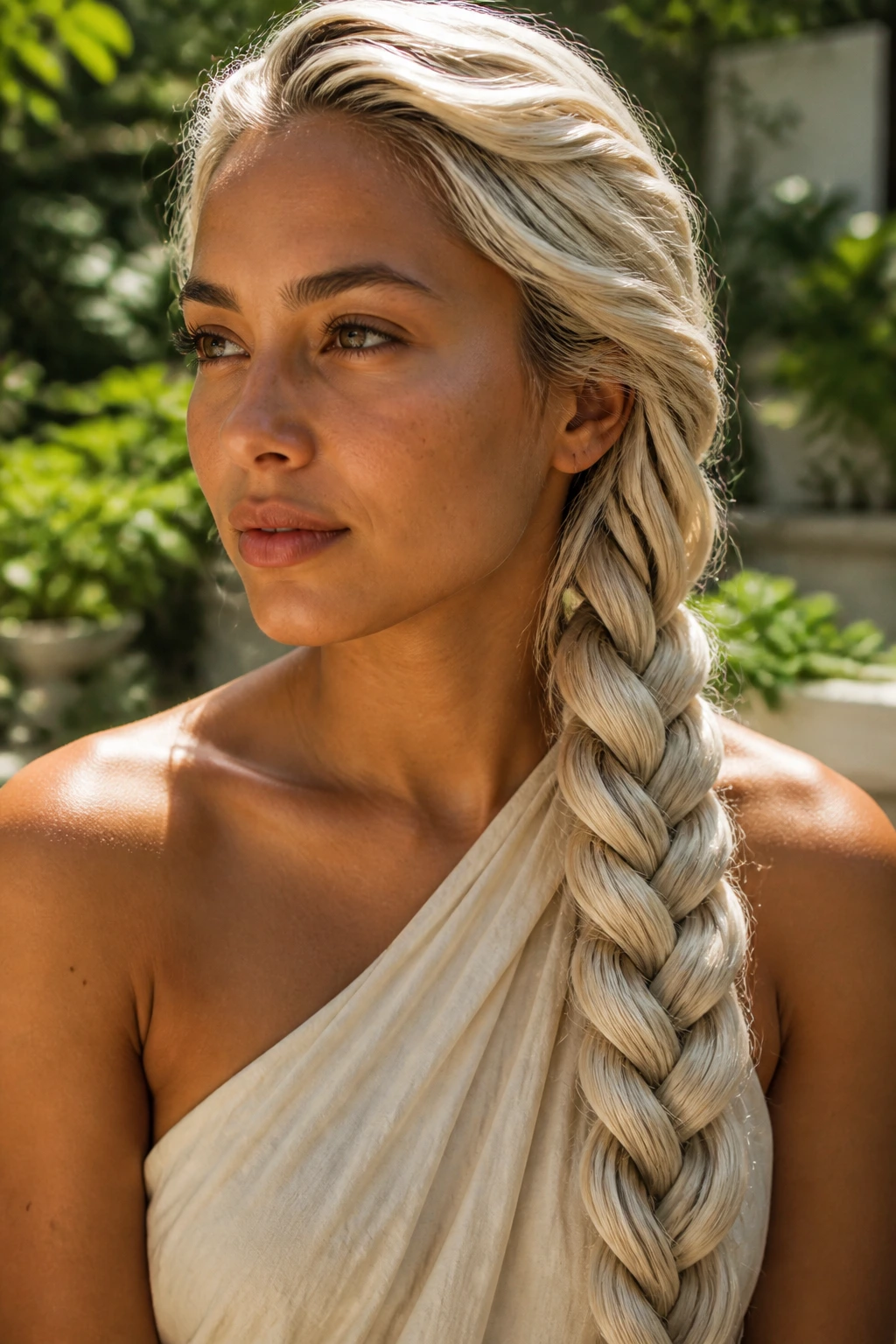 Rope braid swept over shoulder in platinum hair on olive skin